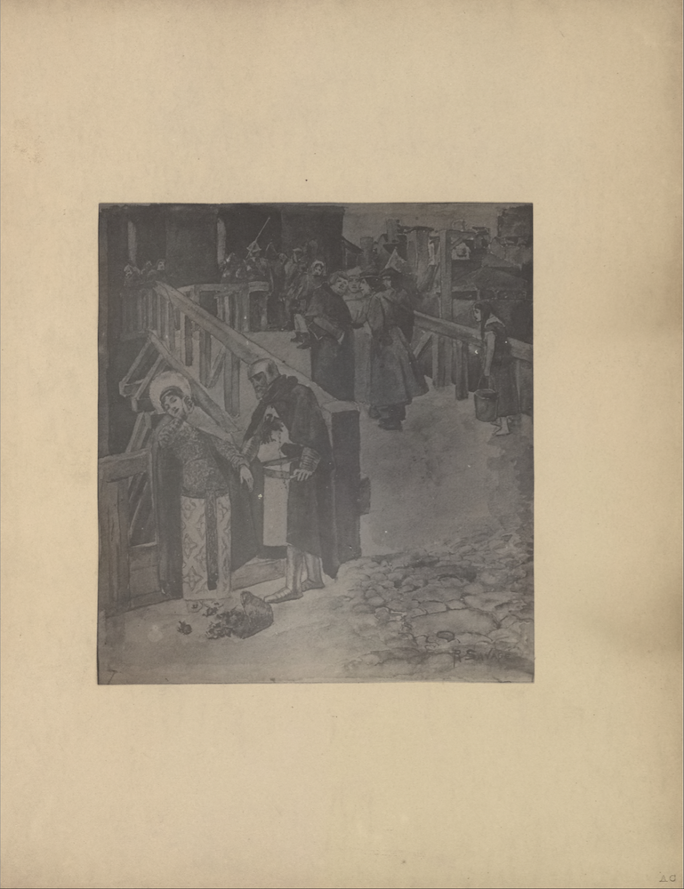The illustration is in portrait orientation and is centered on the page. The illustration depicts a wooden bridge or portico with wooden railings leading to the entrance of a dark castle. It is occupied by various groups of people. In the left foreground, a woman is leaning back against a wooden fence which borders the bridge. Her head is slightly turned to the left, but she is looking downwards and to the right. Her right arm is held upwards, shielding the left side of her face, and her left arm is rested on the wooden fence. She has dark hair and is wearing a dual patterned dress/robe, a lightly coloured shawl, and a circular headpiece/possibly a halo. At her feet is a basket with fallen roses. A man is standing to the right of the woman. The right side of his body is leaning on the wooden fence and he is facing the woman. He is reaching out to the woman, but she appears to be resisting him. The man is dressed in a dark robe atop white tunic with an eagle insignia on his breast. He is also wearing a dark belt, metallic boots, and a metallic helmet which shields most of his head and leaves only his face exposed. In the right foreground, there is an area of rubble or cobblestone in front of the entrance to the bridge. On top of the bridge, beside and behind this pair, are various people crossing. There is a young girl with long dark hair who is slouching forward. She is dressed in a short-sleeved dress, and she is carrying a pail. In front of her, a group of four men appear to be chatting. Three of the men are dressed in dark robes and headpieces, and the remaining man in back is dressed in a white robe. Further along the bridge there are soldiers likely guarding the entrance to the castle. In the background, there are various housing structures with tall chimneys, giving the appearance of a city or town beyond the bridge. The capital initials “RS” and the engraved in the bottom right region of the illustration.