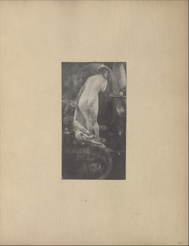 The illustration is in portrait orientation and is centered on the page. The illustration depicts a woman undressing before a mirror. The woman is leaning to the right, knees are slightly bent, her back is facing forward, and her head is turned in profile looking right. Her hair is dark and swept away from the back of her head. The woman is fully unclothed except for the large garment which is slipping off her left forearm and drapes down alongside her feet. The woman’s right arm is bent and tucked into her chest. To her right is a large circular mirror. Two small bottles (of perfume?) sit atop a small ledge protruding from the wall with the mirror. Behind the woman is a pool or a bathtub. A dark vase sits on the ledge of the pool/bath and a lotus flower floats in the water. More lotus flowers are depicted at the woman’s feet and beneath the mirror on the right wall. A ring of mist? a large halo? surrounds the woman.