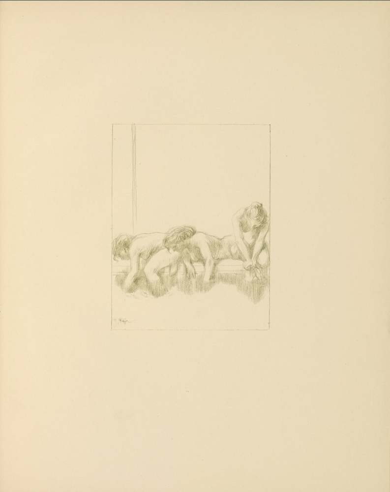 The light brown/light green image is in portrait orientation and is centered on the page. The illustration features three naked women, each with their hair tied behind them, positioned on the ledge of a pool of water. The woman on the left is sitting on the edge of the bath in left profile. Her left forearm and left lower leg are in the water. Her right arm is not depicted, and her right leg is tucked underneath her. The woman in the middle is lying sideways on the edge of the bath, facing slightly left. Most of her upper body is visible. Both of her hands are in the bath water. The woman on the right is kneeling on the edge of the bath. Her body is positioned forward, but she is looking down. Her hands are clasped together in front of her above the water, possibly holding a piece of cloth. The water is in the extreme foreground.