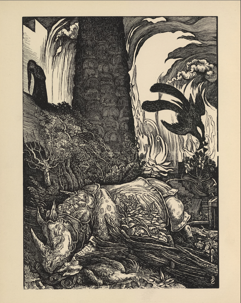 The illustration is black and white, in portrait orientation, and is                        centered on the page. A large rhinoceros with scales, ornaments and                        decorative fabrics on its body, and three tusks on its head (Behemoth)                        occupies the extreme foreground of the illustration. It is stretched out                        over a sward of grass, flowers, and branches, and with its forehoof, is                        holding down the body of a dead peacock. The rhinoceros itself also appears                        to be dying. Behind the rhinoceros, in the left middle-ground of the                        illustration, is a group of trees in front of a parapet which appears to be                        connected to a tall tower. A woman with dark hair draped down to her feet,                        dressed in a dark robe stands on the parapet holding an unidentifiable                        object (likely head or box it is contained in). White castle walls are                        visible behind the woman. In the right background, there are towering flames                        and smoke clouds. They swirl inwards toward the right. Descending from the                        fire is a large dark-feathered bird (possibly a phoenix). The initials “RS”                        are engraved in the bottom right corner of the ornament.