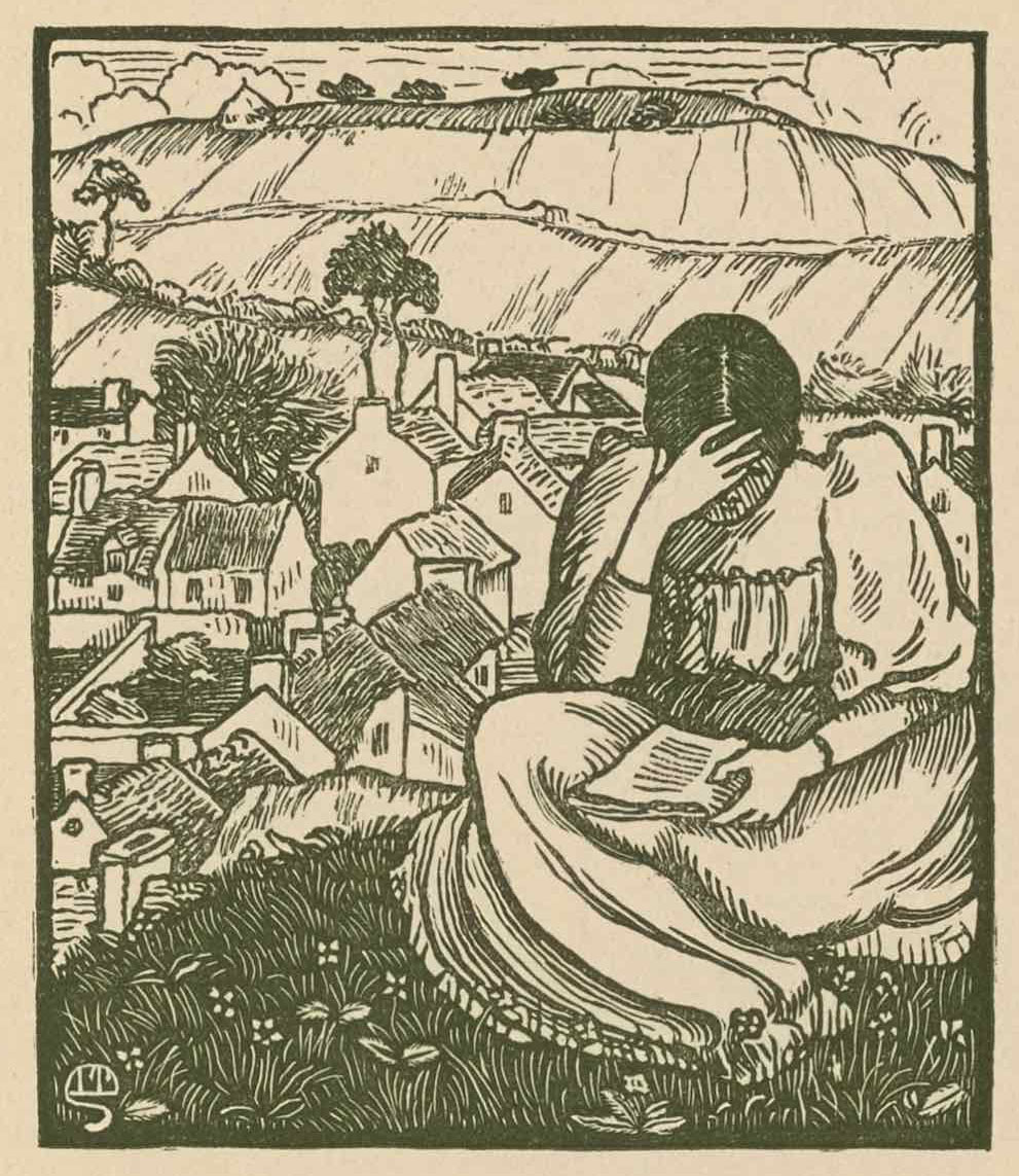 The black-and-white woodcut is centred on the page within a heavy black rectangular border. 
                        In the foreground is a dark-haired woman seated on a hill, reading. She holds a book in her lap 
                        with her left hand while her right hand supports her forehead as she looks down upon the page. 
                        She’s wearing a plain dress with a ruffled collar and puffed sleeves. She’s seated upon a grassy 
                        knoll scattered with flowers. Behind and below the figure is a rural village made up of small 
                        buildings with white walls and dark rooftops with chimneys. In the background, beyond the village, 
                        is a terraced hill occasionally interspersed with trees and clouds behind. On the furthest hill '
                        sits a solitary barn.