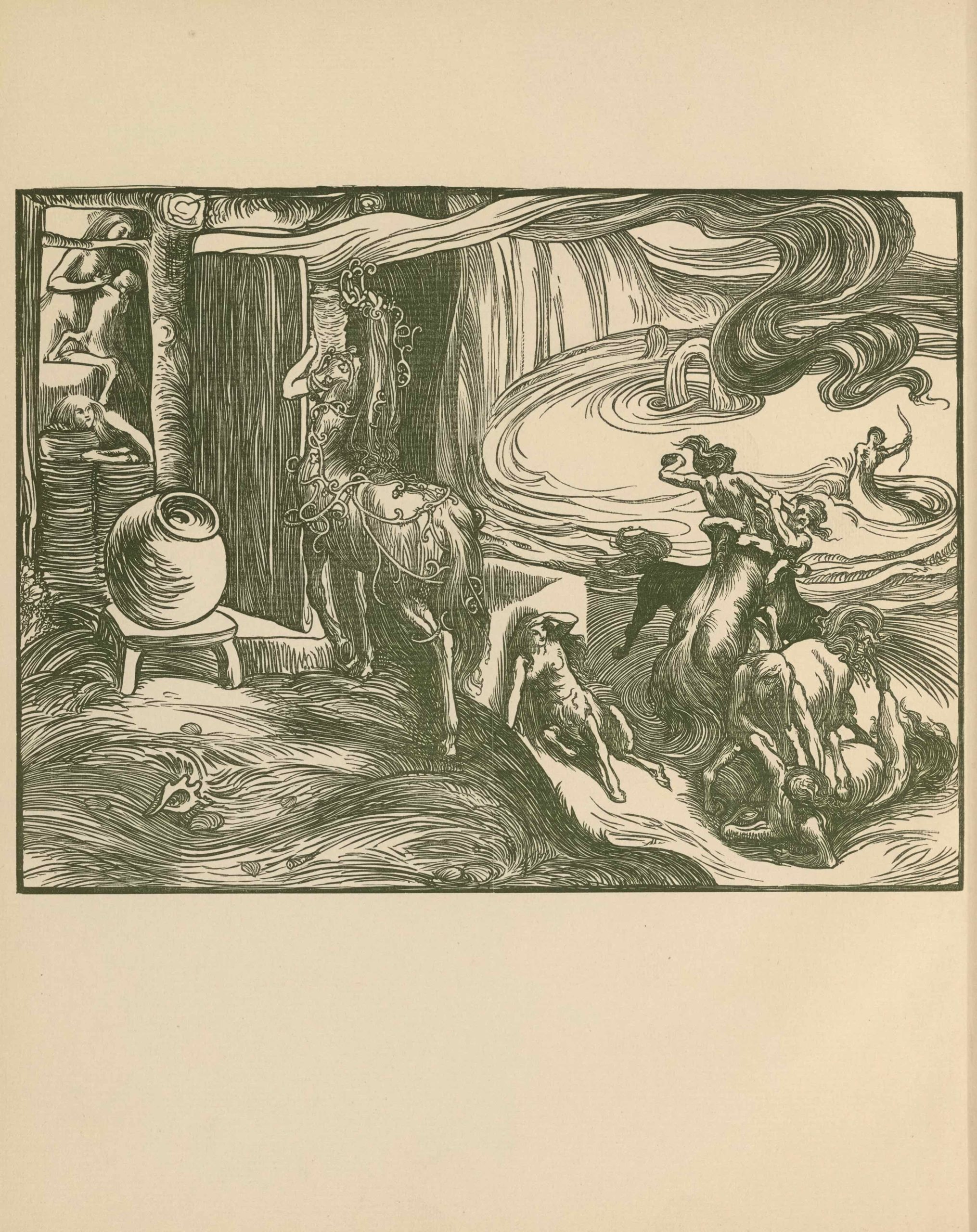 The wood-engraved image is set into a square, ruled border, printed, as is the 
                        image, in dark green ink. The image depicts an imaginary scene by a grotto and waterfall, 
                        where centaurs of various ages and sexes go about their daily life. The viewing position 
                        is somewhat above, looking down. The left half of the picture shows a crude home for the 
                        centaurs and the right half of the picture shows the landscape in which they live. In the 
                        centre foreground, a female centaur stands with her back to the viewer; she appears about 
                        to enter the wooden building. She has long hair and wears a vine-like headdress that extends 
                        down her body, entangling her tail and hind legs. She stands in front of the open doorway, 
                        holding a wooden doorframe in front of her to the right. Her shadowed face is in profile. 
                        In the interior of the building, in the extreme left, is a female centaur suckling an infant 
                        centaur while another child centaur leans on several urns. Between these centaurs and the 
                        centaur wearing the headdress is a large round urn resting on a stool. Behind the urn a tree 
                        that appears to be a supporting beam for the building extends up to the top of the frame, 
                        with branches that span to the left and right. In front of the urn is a grassy sward, 
                        extending to the right half of the image. In the right foreground four male centaurs engage 
                        in wrestling in front of a pool, where other centaurs are swimming, one of which is holding 
                        an archer’s bow. Behind the pool, a waterfall is depicted. A female centaur rests against a 
                        wall structure observing the wrestling. In the grassy ground are a few small seashells. Two 
                        flowers are beside the grass on the left side of the frame.