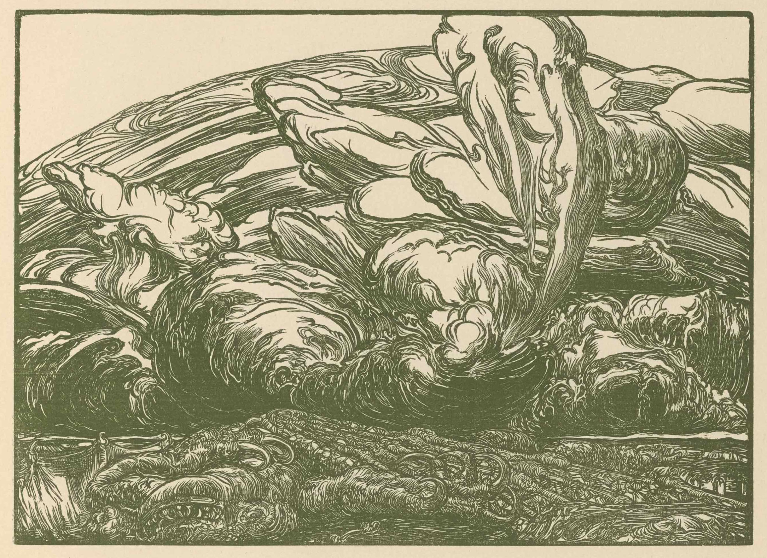 Printed in dark green ink, the rectangular woodcut is outlined with a thick edge.
      In the extreme 
      foreground of the image lies a dead dragon on its back, with extreme foreshortening,
      its glazed eye and 
      snout with bared teeth foremost. Its clawed left foreleg lies across the top of its
      scaled body and its 
      right foreleg stretches out beside it. One furled wing covers the rest of its body
      while another stretches 
      vertically on its left side. Above the corpse is a mass of clouds, shaped in a confusion
      of funnels and 
      whorls. The clouds take up the majority of the image plane, ending in a curved boundary
      between smoke and 
      sky just below the top of the image. One smoke funnel extends up past the edge of
      the arch, touching the 
      border.