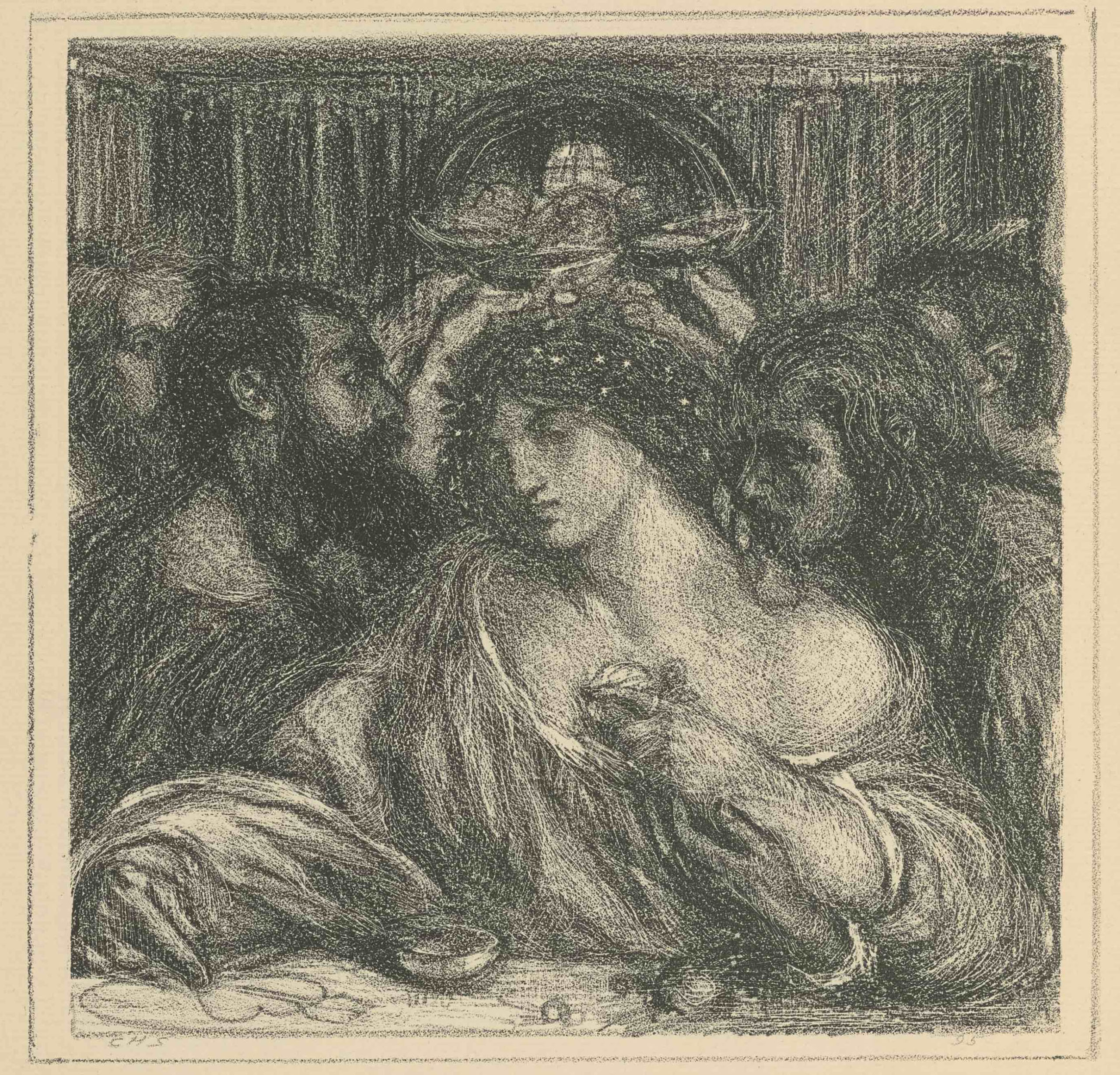 The square lithographic image is framed within a thinly-lined double border, rendered
      in tones of black. 
      The image is an illustration of Delia, from the poems of Tibullus. In the foreground,
      Delia is seated at 
      a table eating, facing the viewer. She wears a ring on the index finger of her left
      hand, which holds a 
      fruit up to her chest. With her right hand she draws a heart with an arrow through
      it on the table. She 
      wears white flowers in her hair. Her loose-fitting robes fall off of her left shoulder,
      where a man, Albius 
      Tiuillus, leans in profile to kiss the nape of her neck. Three men in the background
      crowd the frame on either 
      side, each lifting cups to toast each other in the upper centre of the frame. In the
      background a rounded 
      doorway is shown on the far wall, around the dark walls of the room are visible.