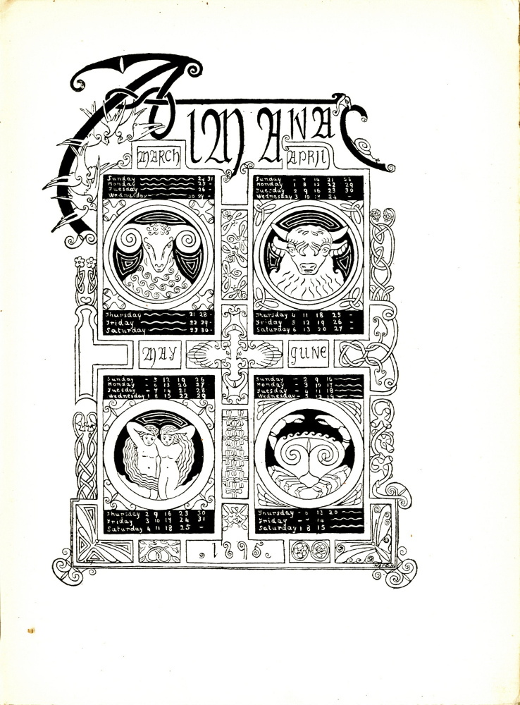 Handlettered names of the spring months, March, April, May and June, each appear in a framed box above a rectangular plate, encasing a medallion image of the month’s astronomical sign (March: Ram; April: Bull; May: Twins; June: Crab) and the names of the week, with dates; the 4 rectangles are bordered with decorative botanical and interlaced friezes and separated by a central column of rectangles containing insects, flowers, and birds; The bottom corners contain insects (left: dragonfly; right: butterfly) and the bottom central box contains the date, 1895, in fancy script. The almanac is topped with an inhabited initial (“A”) with 4 descending swallows, followed by the title in gothic lettering (“Almanac”). The engraver’s signature “Hare Sc” is in the lower left corner. An illegible signature is in the lower right corner (artist?).