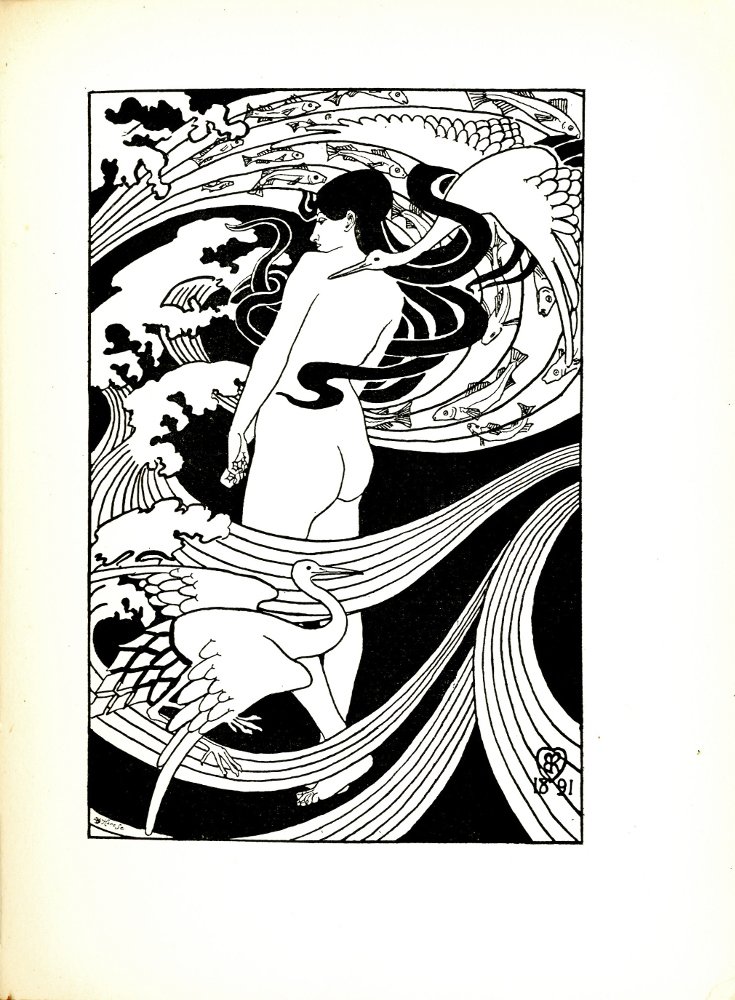 Image is of a woman, nude standing in the centre of a mystical, whirling design of cranes, fish, and waves. We see her backside and her face, turned left, is visible over her shoulder and we see her looking downwards with a demure expression. Her long, dark hair is flowing and intertwined with the natural elements around her. There are waves and wind flowing throughout the image, with fish within the waves in the upper half. There are two cranes, the first is in the lower-left corner. The second crane is in the upper-right corner, which is wrapped in her hair. Her hands form soft fists held in front of her and while her right foot is planted on the ground, the heel of her left foot is slightly raised, suggesting movement. The image reproducer’s signature, “Hare Sc” is in the lower-left corner. The author’s signature, “RB” is in the lower-right corner, along with the date “1891.” The image is vertically displayed within a distinct, black bounding box. There are Japanese influences.