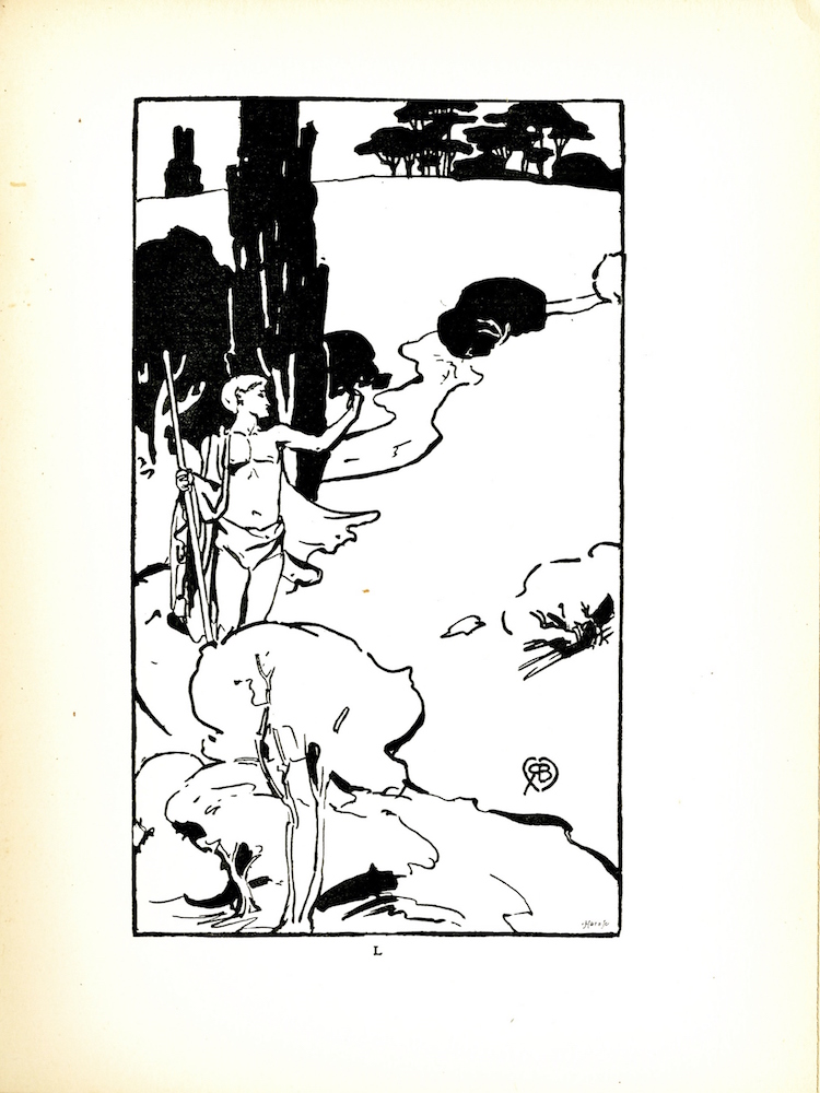On the left side of the middle ground stands a male figure wearing a loin cloth and a cape. He looks out over a river with one arm raised. The opposite hand is holding a staff that is taller than he is. He is standing by a tree. Immediately behind him are bushes and a hill. At the top of the hill is a group of trees. In the foreground there are bushes and the bank of the river. In the bottom right hand corner of the image is the engravers mark and just above that is Robert Burns monogram.