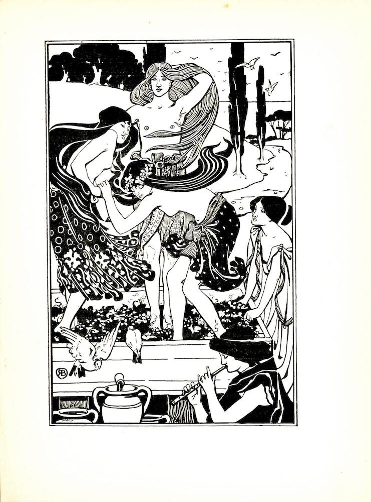 The image is of five women. Three of the women are stomping on grapes in a through. These three women have long flowing hair; they are topless and are wearing knee-length skirts. A woman is standing outside on the right, looking towards the three women in the trough; her fingers are dipped into the trough full of grapes; she is wearing a chiton and her hair is in a chignon. A dove is pictured perching on the front of the trough. A second dove is pictured on the left of the perched dove, and is mid-flight. A fifth woman is located in the bottom-right corner of the image. She is playing a flute; her clothing is dark and her hair is in a chignon. Three pithoi jars are on the bottom-left of the image. One of which is located underneath a tap that is expelling the liquid from the vat into the jar. In the background, there is a small hill with trees near its peak. At the bottom of the hill, there is a stream with several trees scattered alongside the water. Numerous birds are pictured flying in the distance. The artist’s mark is in the lower left corner of the image: the initials “R B” inside a circle. The engraver’s signature “Hare Sc” is in the lower left corner. The image is bound within a double-ruled border. The image is vertically displayed.