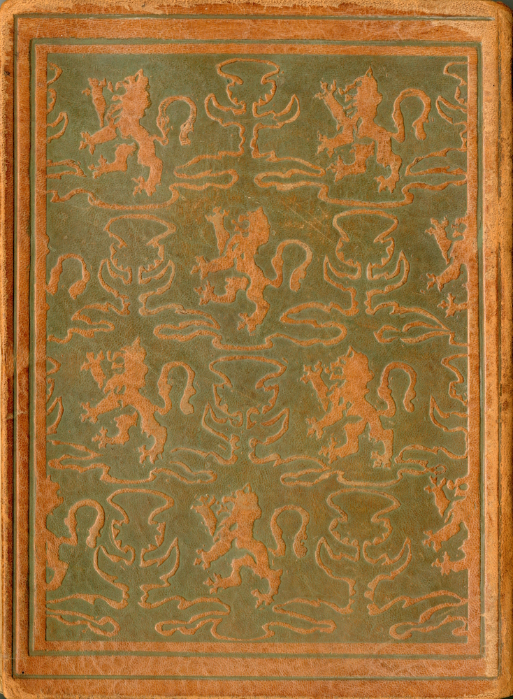 Brown leather extends from the front cover to the back cover. The entirety of the back cover is brown, with soft engravings of both a thistle, the national flower of Scotland, and a rampant lion, from the Royal Banner of Scotland. These icons are relatively similar in size and are displayed in a checkerboard pattern across majority the back cover. This pattern is outlined by an engraved frame of plain leather.