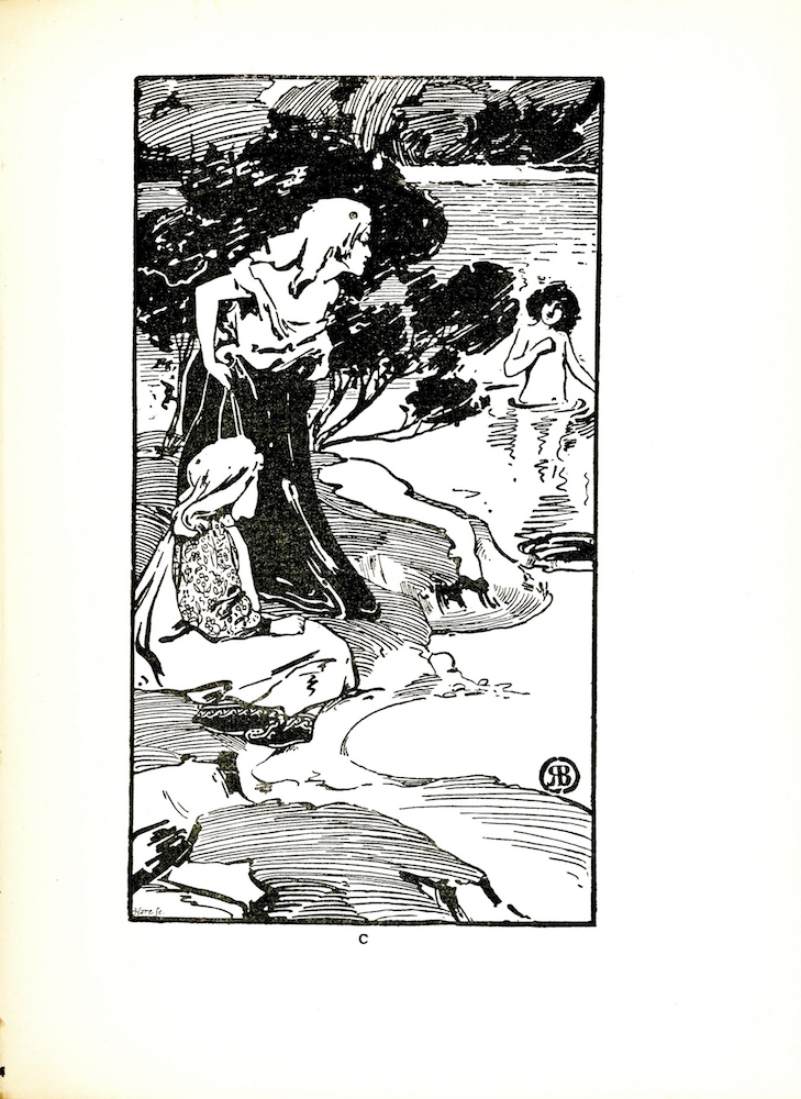 Image is of a woman standing on the bank of a body of water with a person who appears to be a younger woman sitting down beside her. Both are looking out to the right of the image at a young person standing in the water, with a naked torso.. The woman standing on the bank has long, light-coloured hair and is wearing a loose dress with a white top and a black skirt. She is leaning forward slightly and is using both hands to pull her skirts up, away from the water. The seated woman or girl has long light-coloured hair and is wearing a white smock with a decorative pattern along the hem and flower patterned sleeves. She is turned towards the bather. Only the side of her face is visible. The bather in the water has thick dark hair. They are standing waist-deep in the water; the outline of the legs is faintly visible below the surface. The bather’s torso is above the water and their left hand is in a fist over the chest. The bather’s head is tilted slightly to the right. On the shore, behind the two figures, there is a single tree. Along the top of the image, foliage visible along a far shore. The artist’s mark is in the lower-right hand side of the image. In the lower left corner is the engraver’s name “Hare Sc.” The image is vertically displayed with a black border.