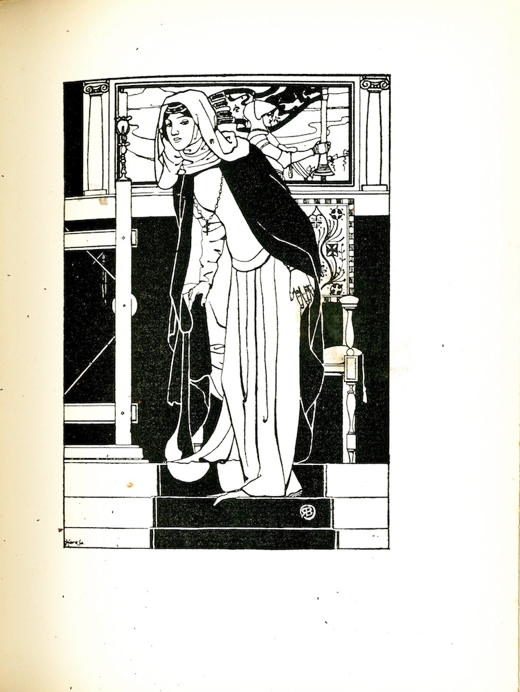 Image is of a single female figure who is descending a flight of steps, away from a decorated chair, most likely a throne. The woman is wearing a long white dress with long sleeves and a black cape. A white wimple covers her hair and neck. A black decorated headdress is visible beneath the wimple. Her face is turned slightly to the left. A cross hangs on a chain from her neck and she has several rings on her fingers. A dark carpet covers the center of the steps that she is descending. The chair’s square back is decorated with a pattern of crosses and lines that resemble plant stems. The visible edges are lined with a checkered border. A pillow with a tassel hanging from the corner is visible on the seat. At the top center of the image, behind the woman, there is a rectangular window or a tapestry with two ionic columns on either side. Through the window or on the tapestry is a knight holding a flag.. The knight is wearing a full suit of armour and appears to be riding a horse. The knight is viewed in profile and is facing the right side of the image. To the left of the woman is a loom (?) with a candle on its only visible post. The engraver’s signature “Hare Sc” is visible in the bottom left corner. The artist’s mark is visible towards the bottom right side of the image, on the middle step.