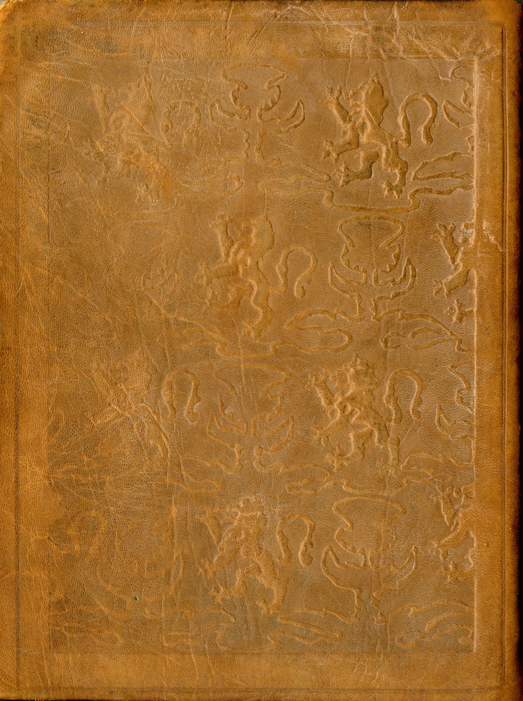 Brown leather extends from the front cover to the back cover. The entirety of the back cover is brown, with both a thistle, the national flower of Scotland, and a rampant lion, from the Royal Banner of Scotland, embossed. These icons are relatively similar in size and are displayed in a checkerboard pattern across majority the back cover. This pattern is outlined by an embossed frame of plain leather.