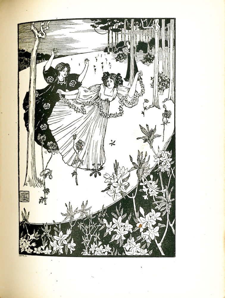 Image is of three women in a clearing on the outskirts of a forest. It is evening, as indicated by the title which translates into English as “An Evening in June.” Two of the women are in the foreground, running or dancing with their arms outstretched. They are leaning to the right and their full skirts are billowing behind them. One woman is in front of the other. She is wearing a white dress with large bishop sleeves that end at her elbows. Her dark hair is tied in an elaborate updo. In either hand she is holding one end of a garland of flowers. She appears to be stepping on a thistle. The second woman is behind her with both arms in the air. She is wearing a dark dress with a decorative pattern. In one hand she is holding a plant or flower. In the distance, behind a tree, the third woman watches the other two. She has a dark dress and is holding a bouquet of flowers. There is one thin tree in the foreground and several trees are visible in the background on the left. Even more trees are visible in the distance on the right side of the image. A curved line cuts through the foreground of the image, separating the ground that the women are standing on from a darker area of flattened perspective where there are several flowering bushes, and giving the sense that the women are on a hill. In the distance, the sky is dark as indicated by thin horizontal lines. The image has a black border and is displayed vertically.. The artist’s mark appears in the bottom left side of the image. Beneath the border on the bottom left the engraver’s signature, “Hare Sc.” can be found.
