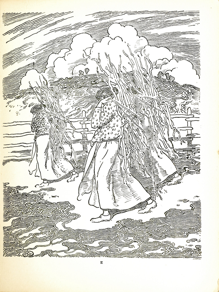 In this image there are three women dressed and positioned similarly, with one in the foreground and two directly behind her. They are all wearing light colored, ankle length skirts, long sleeve patterned tops, and light colored shoes. On their back they each carry a bundle of sticks. They are walking towards the left side of the page and are looking towards the ground, their faces are not visible. Middle ground there is a fence separating the women from a grassy hill. Coming over the hill are some clouds in the sky. In the bottom right hand corner is the engravers mark “HareSC” and in the bottom left corner is the artists monogram.