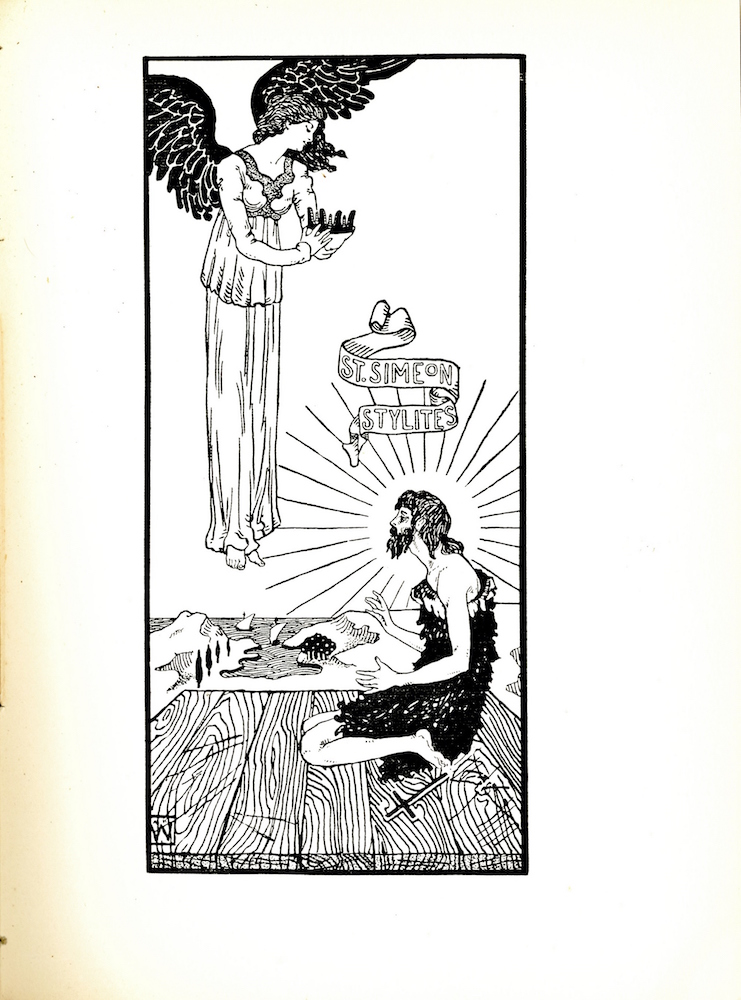 Image is of a man sitting on wooden planks that appears to be a platform on top of a tower or mountain. He is kneeling with his legs folded underneath him with an angel hovering above him. The man is in the lower right corner of the image. He is in profile facing left and hunched forward slightly with his right hand raised. He is wearing rough looking clothing from animal skins and has a dark beard Beside his feet there is a cross. Above him there is a floating banner that reads in all capital letters ST SIMEON and then STYLITES. Lines that resemble rays of light emanate from the space around his head. The figure hovering above the man has two black wings and is holding out a crown. It is wearing a long white robe. In the distance behind the figures the shore and the sea are visible with two sail boats floating on the waves. In the bottom left hand corner the artist’s signature is visible. The image is vertically positioned with a black border.