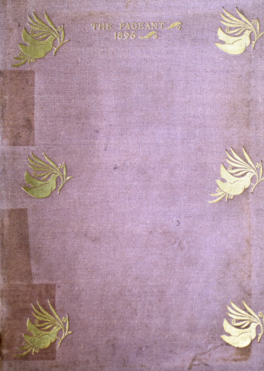 Front cover of the Pageant Volume 1 from 1896 made with purple cloth with birds carrying a branch stamped in gold