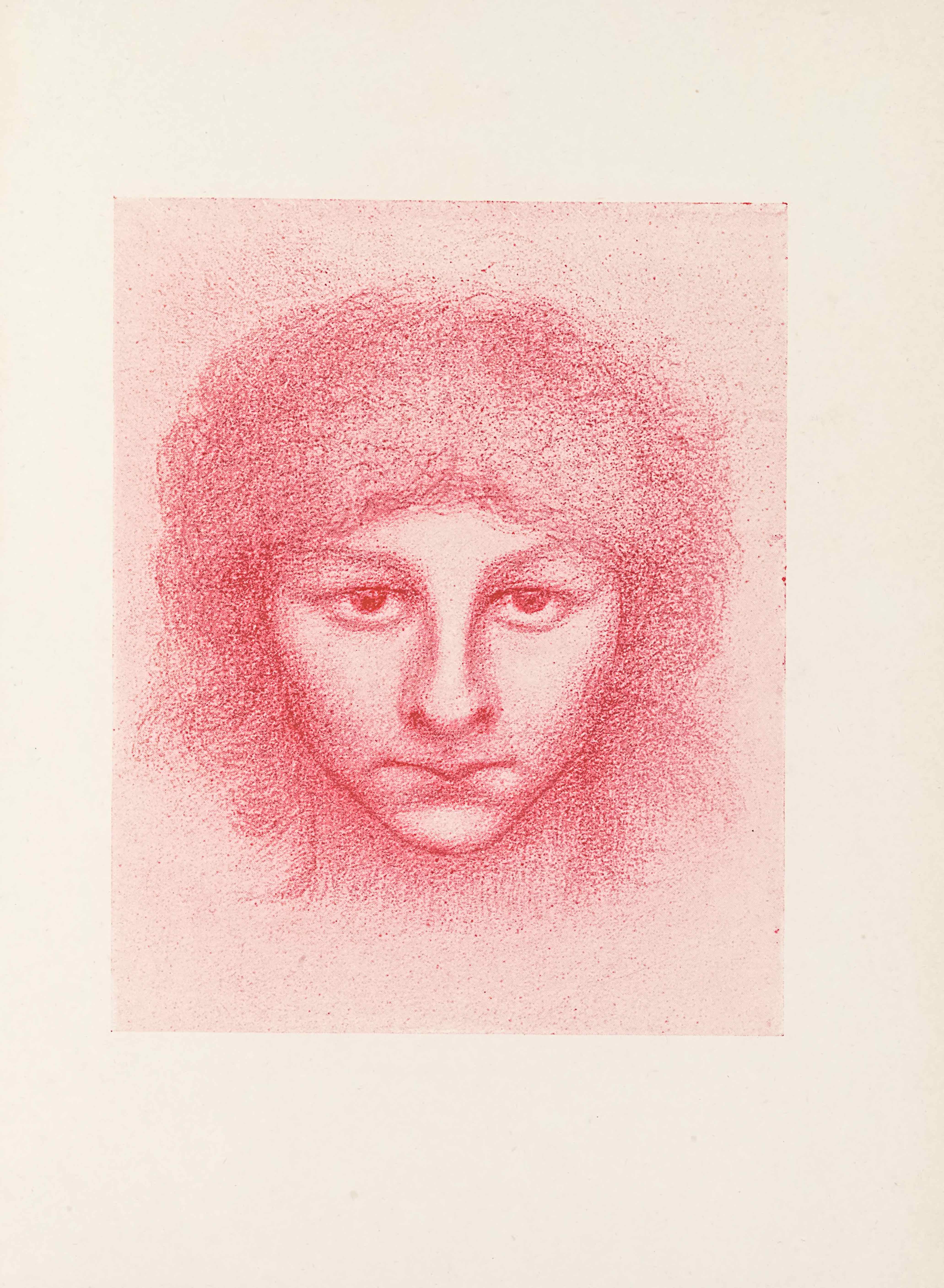 This half-tone reproduction of a crayon drawing printed in red ink is in portrait orientation. The drawing of a head floats in a plain background. The head takes up the whole central area of the image, leaving only a little space on each side and a little more above and below. The head is facing the viewer straight on, with a slight tilt of the chin downwards. The face is round with a slightly squared chin. There is a mouth depicted in a tight line. The nose takes up a large portion of the face, and the eyes are proportionately large as well. The irises are positioned at the top of the eyeball, as a result of the chin being pointed down slightly. The brows angle up towards the sides of the face in a straight line. Frizzy, curly hair falls down on the face in bangs to the mid-forehead and temples. The hair also falls around the sides of the face, creating a puffy cushioning of hair around the head. There is brief shading below the chin to indicate the start of a neck. The image is drawn in a burnt orange-red colour (“sanguine”) on a pale background.