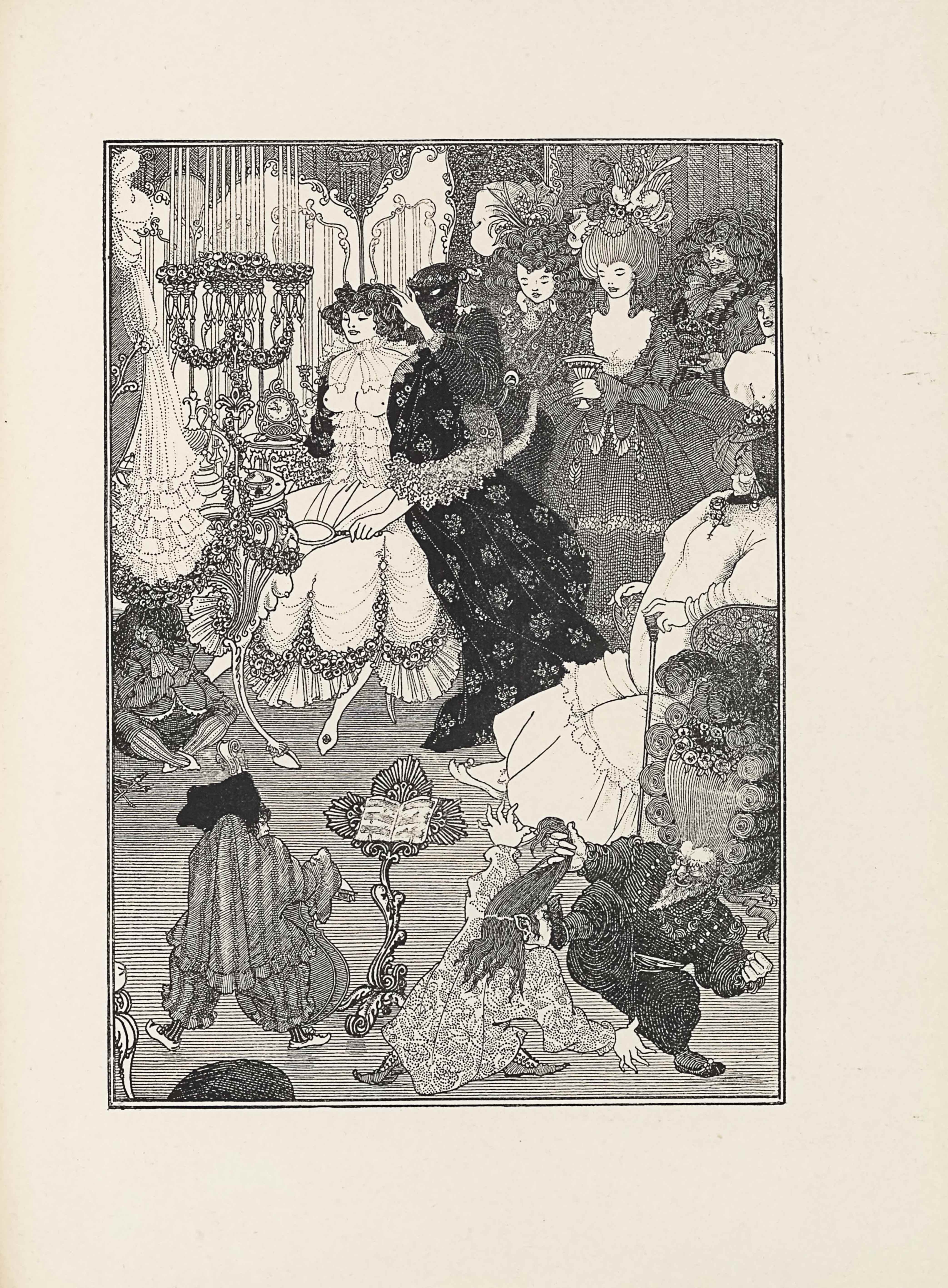 This line-block reproduction of a pen-and-ink drawing is in portrait orientation. The image is of a room or boudoir that includes one woman getting ready and other people standing around her, while small men fight and play music. In the foreground are three small men. In the bottom left corner an ornamented chair legs sticks out slightly. To the right of the chair leg is the first small man, about half the height of any of the women in the image. He has his back to the viewer and is wearing baggy, vertically striped pants, and a long sleeve shirt with ruffles on the edges. He has a hunchback. On his feet he wears slippers with lifted toes. His face is turned slightly to the right and a partial profile is visible. On his head he wears a large dark bonnet. He has a cello in his left hand and a bow in the right. To the right of the man is an ornamented music stand with an open book of sheet music rested on top. To the right of the music stand, in the foreground, are the other two small men. The man closest to the music stand is dressed in slippers and a long tunic that has a spiral pattern embroidered on it. He is leaning to the right and reaching out with both arms to grab the other man. He has elf ears and long hair, some of which is being pulled by the man to the right. He also has the other man’s foot kicking at his face. The other man is facing the viewer. He has his right leg lifted up and is in the midst of kicking the other man’s face. His right hand is holding the chunk of the other man’s hair. He is wearing dark, baggy, horizontally striped pants, and a long sleeve shirt. He has a long pointy beard, mustache, and bushy eyebrows. His mouth is open and in a smile. His head is topped with a huge wig. The front of the wig has the hair pulled straight up vertically and the sides are lined with large coils. At the top of the wig is a garland of flowers and a plume of feathers. With his wig on he takes up nearly half the height of the page. Behind the wig is an older woman seated in a chair, facing to the left of the page. She is heavier-set and wearing slippers with a long gown that has a line of ruffles on the skirt. She has her arms on the chair armrests and in her left hand is a walking stick resting on the ground. She has a flower pinned to her chest and her face appears in profile. The back of her head is cut off by the frame. She is wearing tassel earrings and a headpiece with a few flowers on top and a light veil hanging down to her chin in front of her face. On the far left side of the page, also in the mid-ground, is a small man seated on the floor with his legs crossed. He has on vertically striped tights and a plain pair of slippers. He is wearing short pants and a top coat with ruffles at the bottom. He wears a large necktie and a big, dark, and curly wig. He seems to be underneath a table. Directly to the right of him is a tall ornamental candle holder that has flower garlands wrapped up around it and crystal pieces hanging off at the top. Above the man and to the left of the candle holder, a dress is hanging from a coat rack that is mostly out of the frame. The dress is long and ruffled. A table, the one that the man seems to be underneath, sits to the right of the dress and is topped with a perfume flask and a small jewelry box. A woman sits in a chair to the right of it, turned towards the viewer but slightly angled towards the left side of the page. She is dressed in a long skirt with a ruffled bottom and flower garlands that loop around above the ruffles. She has on a corset that rises to just below her chest. Her breasts are shown bare. Around her neck she has a transparent chiffon bow. She has on an open dressing gown decorated with a floral design, and it falls all the way to the ground. Her hair is short and curly, and a person to her right has their hands in it. In her left hand and resting on her lap is a handheld mirror. Behind the woman and taking up the top left corner of the page is a three-piece ornamented standing mirror, and in front of it are the long candles coming from the top of the ornamented holder. A wall is directly behind the mirror. The person who has their hands in the seated woman’s hair is dressed in all black. Their face is completed covered in a mask except for their eyes. The person is wearing a tight long sleeve shirt and pants. More in the background and to the right of the dark figure are four people standing. The person on the far left is a woman, visible only from the waist up and wearing a floral patterned gown. She has on a tight scarf and is looking towards the left side of the page at the masked figure. She has on a large wig of coiled hair with a big leaf protruding out with an assortment of other florals on top. To her right is a woman fully visible. She is wearing a ballroom gown with a big skirt and long sleeves. The dress has a low neckline and she is holding a goblet with her left hand. She has on a big wig with straight hair and a chain of pearls hangs down from the top where many flowers and plumes rise up. To her right, the upper body of a man is visible. He is turned towards the left side of the page with a three-quarters profile visible. He has on a neck piece with big ruffles and holds a decorated box. He has a small twirled mustache and long wavy hair. To the right of him is half the upper body of another man, cut off by the frame. This man is shirtless and his head is turned to the left side of the page. He has long wavy hair. Behind the four figures that make up the right side background is a wall.