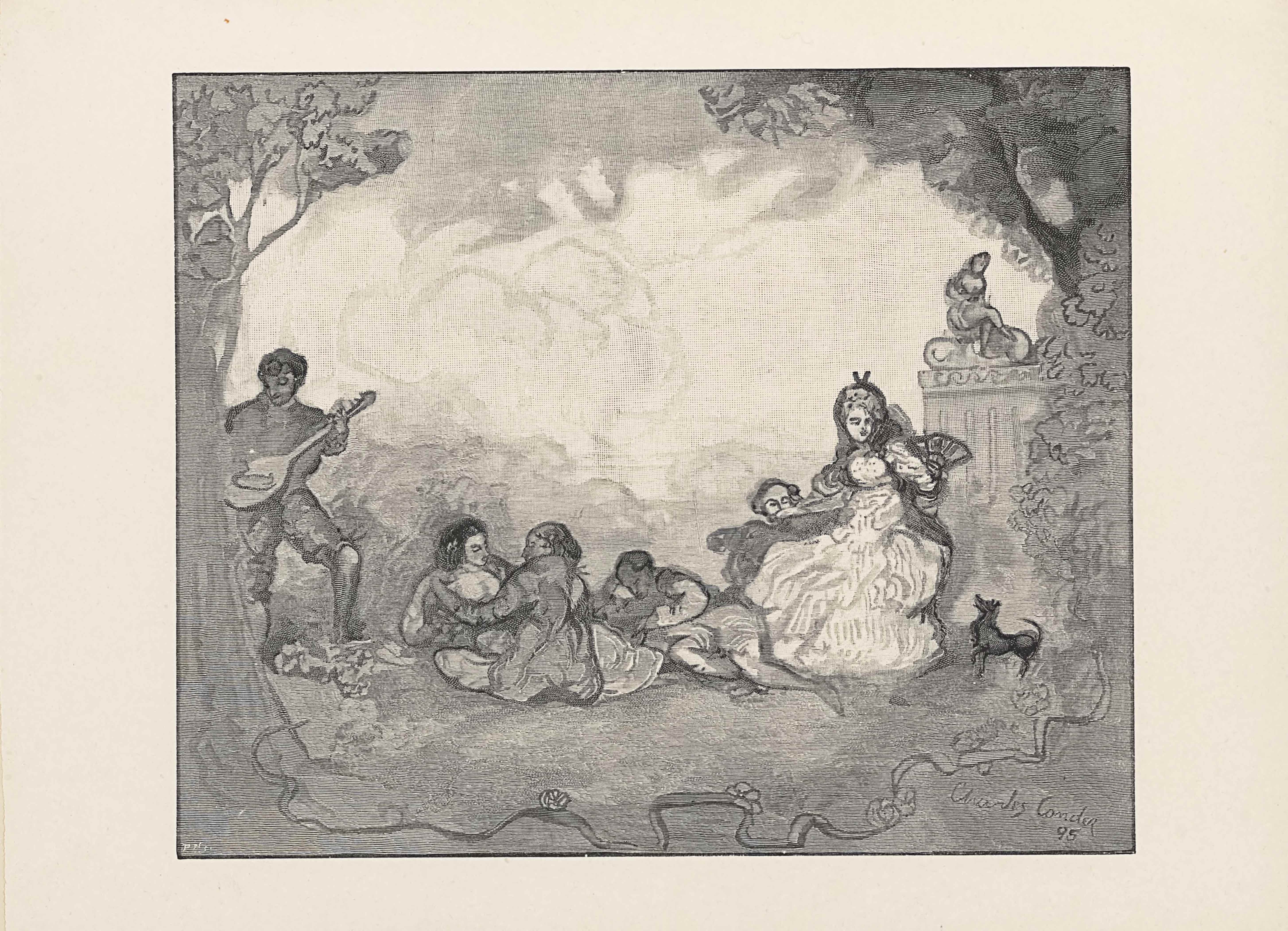 The wood engraving from a water colour drawing is presented in landscape orientation. A single-lined rectangular border outlines a scene filled with six people in a forest. In the foreground is a curved line that looks like a tree root crossing from the left to the right side of the image with flowers budding intermittently. A tree grows up the left side of the image, half in view of the frame. In the mid-ground appear the six people. Immediately to the right of the tree on the left side of the page is a man standing and playing the mandoline, plainly clothed in a long-sleeve shirt, breeches, and bare feet. To the right of him are a man and a woman facing and holding one another while seated on the ground. The man appears to be shirtless, with the rest of his body blocked by the woman who leans forward in a long dress, with her back to the viewer. On the right side of them is a man leaned back on his right elbow looking at a book with his legs sprawled out. The last two figures are to the right of the reader. A man with only his head peeking out is behind a bench on which a woman is seated. She sits in a long white dress with a dark overcoat and hair flowing down around a hairpiece. She has a fan opened in her left hand and is poised to wave it. A small, black dog to the right of the woman looks up at her fan. In the background of the woman and dog on the far right of the page is a parthenon-style building with a female statue seated on the flat roof. A tree sprouts up behind and mid-ground bushes partially obstruct the right side of the building from view. In the central background and taking up the top third of the page is the faint outline of a mountainous landscape and a swirling, cloudy sky. The artist’s signature appears in the bottom right corner of the piece as: “Charles Conder” on a diagonal aiming down to the right. The text: “95” appears underneath the name but aligned to the right.