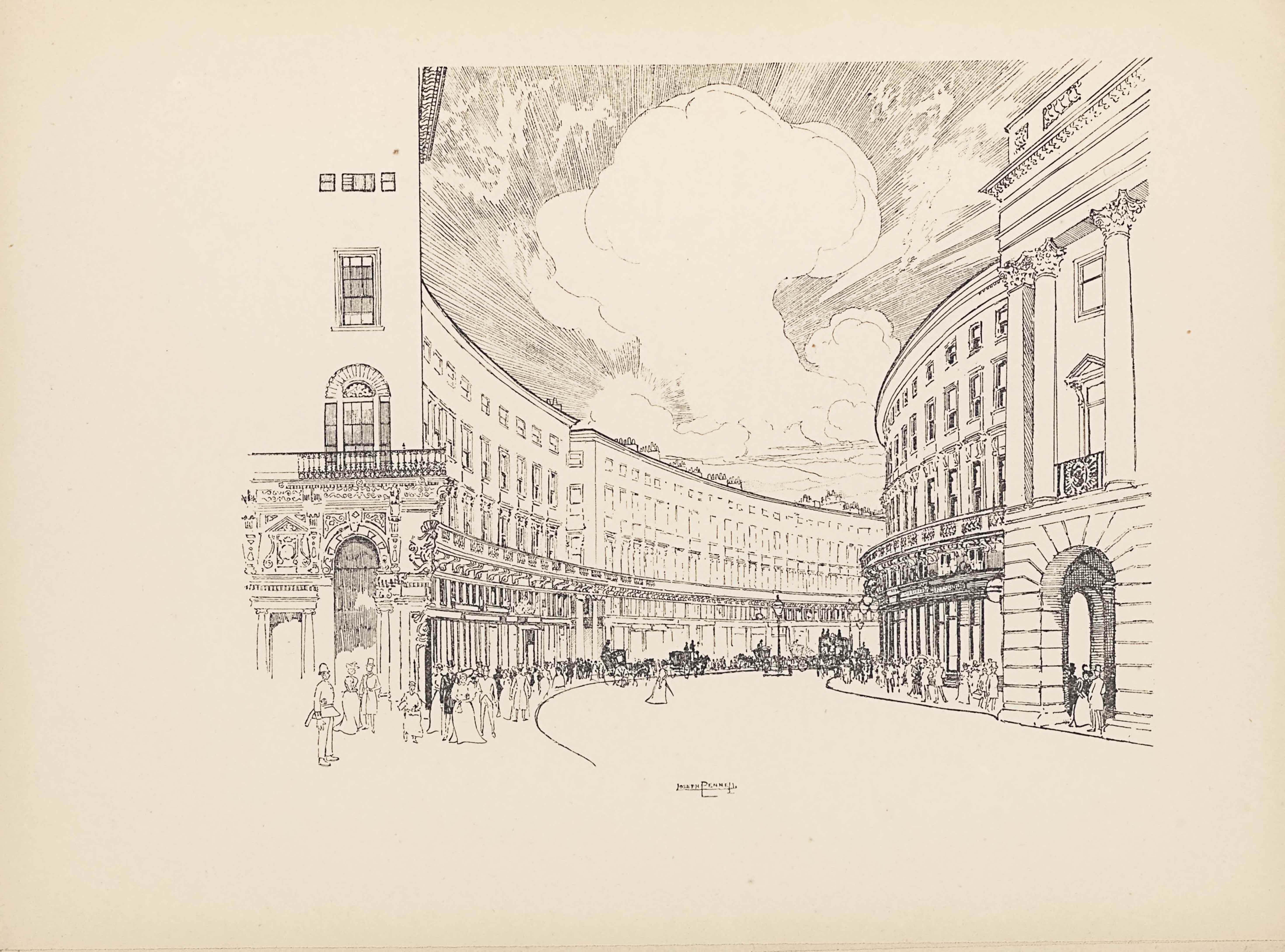 The line block reproduction of a pen-and-ink drawing is landscape oriented. The image is a street view of Regent Street in London, from the perspective of a pedestrian on the sidewalk. The side of a building is seen from this perspective with an arched doorway and ornamented detailing above in the stone work. Above the doorway sits a balcony with an arched door leading out. A window sits above the balcony, and a set of three windows appear above. To the right of the building is a sidewalk and then the road, which travels straight towards the mid-ground and then curves off to the right. Many pedestrians line the sidewalk in front of the building, which curves along the left side of the road. The building ends, leaving a slight gap before the next identical building begins and follows the same curve out of sight. On the opposite side of the road is a mirrored sidewalk and building set-up. The building entrance on the far right is comprised of a large archway made of big blocks of stone. A set of three pillars is situated on top of the arch, and support a protruding roof. Windows line the front of the buildings on both sides of the street in three rows, with smaller windows in the top row. Along the side of the buildings on the left, about a third of the way up, train tracks run along the curve. In the sky that takes up the central background of the image, a large cloud that looks mushroom-like is blooming up, and the sky around seems to be exploding outwards in straight lines. Aligned in the centre on the bottom edge of the image is the text: “JOSEPH PENNELL” [caps]. There is no border around the image.