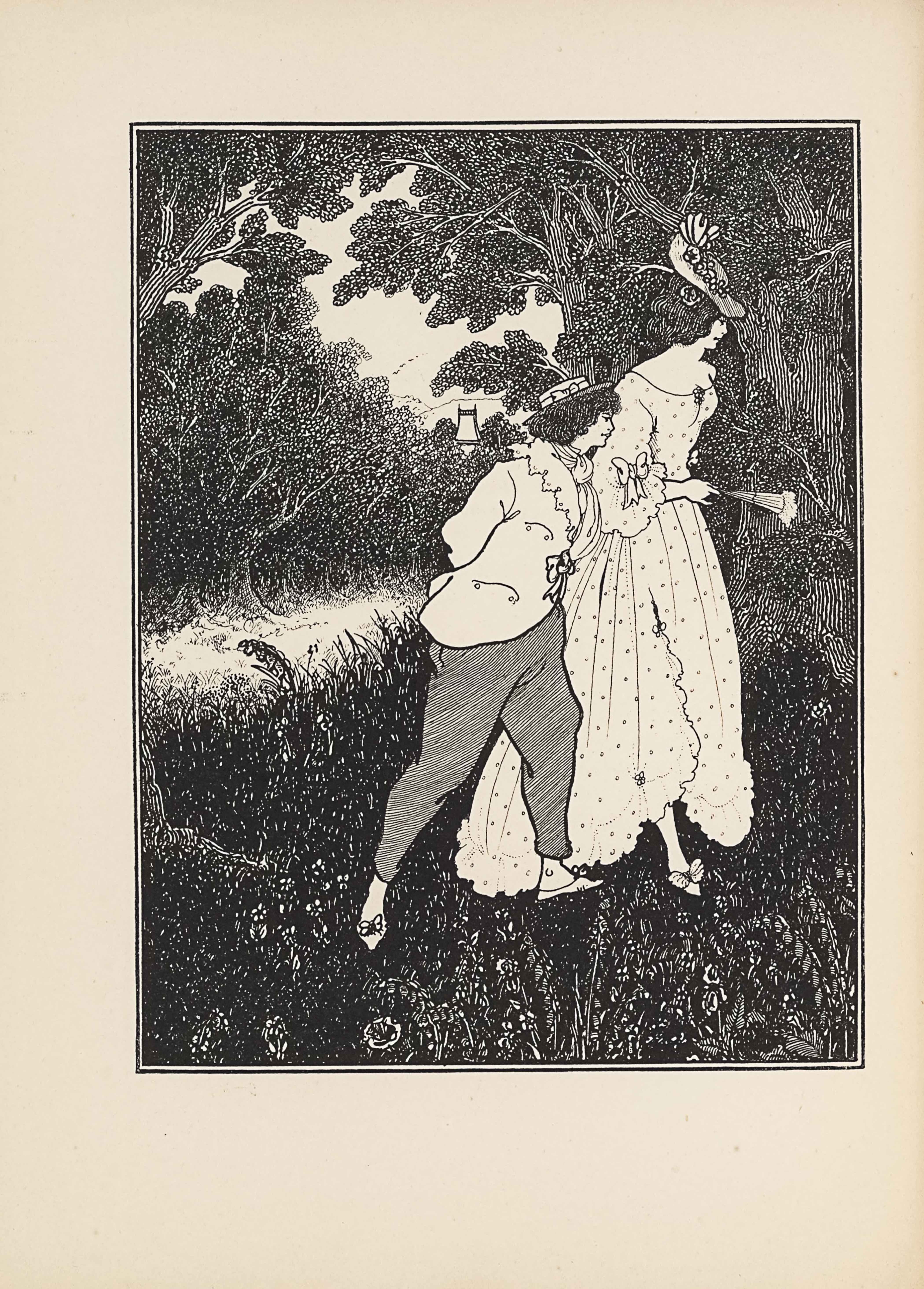 The line block reproduction of a pen-and-ink drawing is in portrait orientation. A woman and a small man or boy are walking through a forest. In the foreground for about one-fifth of the page are plants and flowers. In the mid-ground centrally is the shorter man or boy, shown in mid-step and in profile. He takes up the middle half of the page and is facing in portrait towards the right side. He is wearing slippers with bows on the toe of each, pants, and a lace collared overcoat tied together in the middle with a bow. A scarf is wrapped around his neck and tucked into the coat. His hair is short and curly and he wears a boater-style hat with a ribbon around the crown. Behind him and slightly to the right is a tall woman. This woman takes up about three-quarters of the page in height and together with the man they span about one-third of the page in width. She is also facing to the right and taking a step in that direction. She has on bow slippers as well, but is wearing a long dress. The dress has a ruffled edge on the skirt bottom and sleeve, with polka dots scattered about and a large bow on the arm cuff. The dress has a wide boat neck. In her right hand is a mostly closed fan with feathering on the top edge. Her hair is pulled up and a floral hair piece is on the right side of her head. She is wearing a large brimmed sun hat, tilted down towards her face and it is has flowers around the crown. In the background on the right behind the woman is a tall tree with an exposed trunk and leaves that are above the frame. To the left in the background is a light path headed from the midline of the left side towards the central vanishing point. On either side of the path is more foliage, with trees rising up behind and leaving only a small space for the light sky to come through. The small pointed roof of a building peeks out from above the trees in the centre of the background.