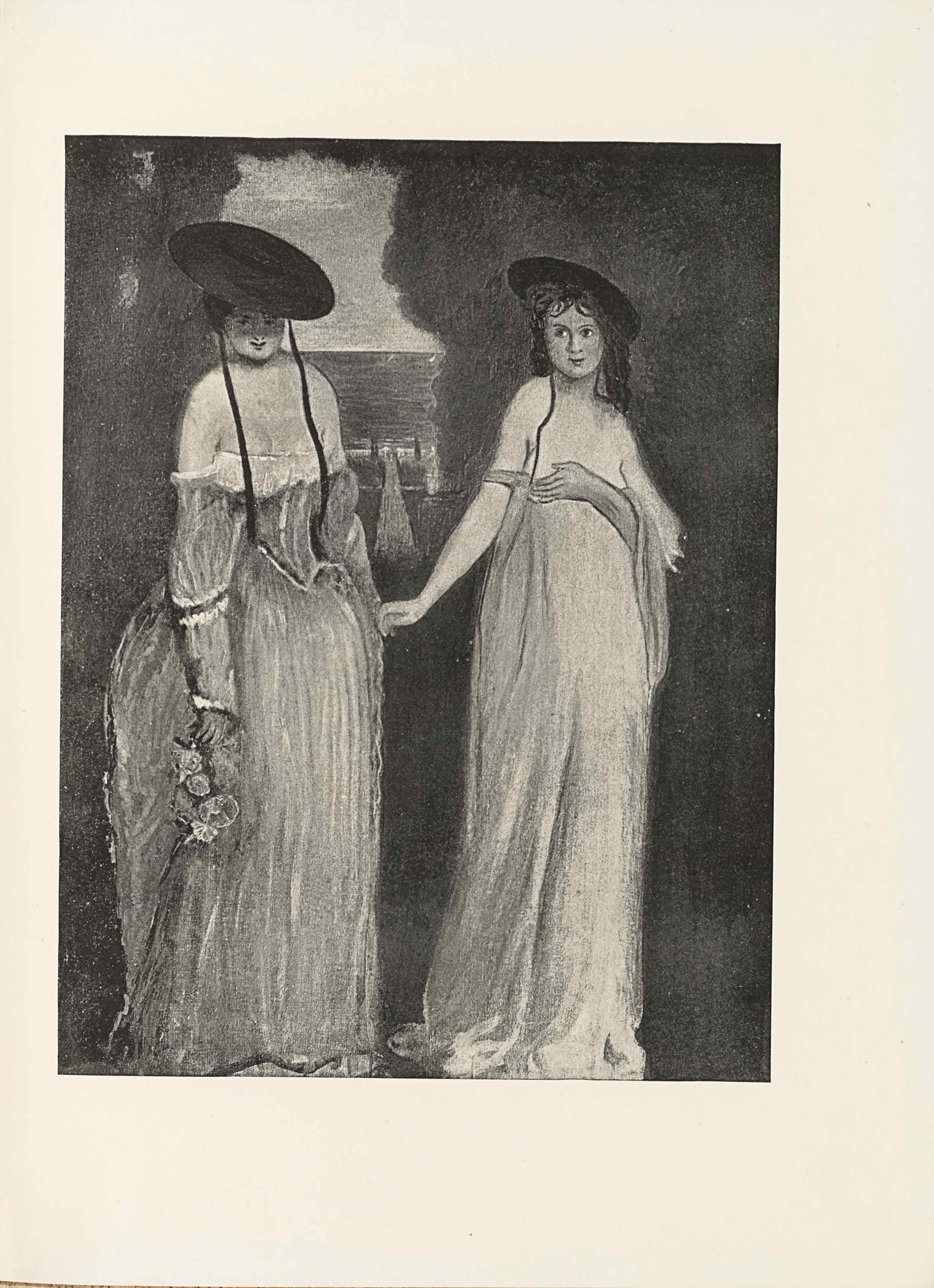 The halftone image is in portrait orientation. The image shows two young women or girls standing in an outdoor scene, taking up almost the whole height of the picture plane. The woman on the left side is standing turned slightly to the right. She is wearing a long gown that has a very low cut and off-the-shoulder style neckline. The dress flows out at the waist into a mid-size skirt. The top of the dress is a corset. The shoulderless sleeves fall down to her wrist and have a single horizontal stripe of ruffles. In her right hand is a bouquet of flowers hanging upside down. Her chest is bare, apart from the two ribbons hanging down from a wide brimmed hat she wears slanted down and casting a shadow over her face. Her hair is pulled back underneath the hat. She has slightly upturned lips. Her eyes stare straight ahead at the viewer. Her left arm is pulled behind her slightly. The other woman, who is on the right side, is standing turned slightly to the right side of the page as well. She is wearing a very loose dress, one that is low-cut and appears to fall below her breasts. There is one off-the-shoulder sleeve wrapped around her right arm, but none appears on her left arm. Her right hand is extended out to the side and seems to reach towards the other woman’s left hand. Her left arm is bent up at a ninety degree angle and is holding the dress at the front and covering her breasts. A bit of excess material is draped over top of this left arm and hangs down her front. She also has on a brimmed hat, a slightly smaller one than the other woman’s. The hat has two ribbons falling down from it and the right ribbon falls over her chest while the other is tucked behind her left shoulder. Her slightly wavy hair falls down behind her shoulders. In the middle of the two women and backgrounded is a sailboat. This boat floats in the water that extends out to the skyline in the background. There is only a small opening to see the boat and the water behind it though, for the rest of the background is filled with a dark hedge.