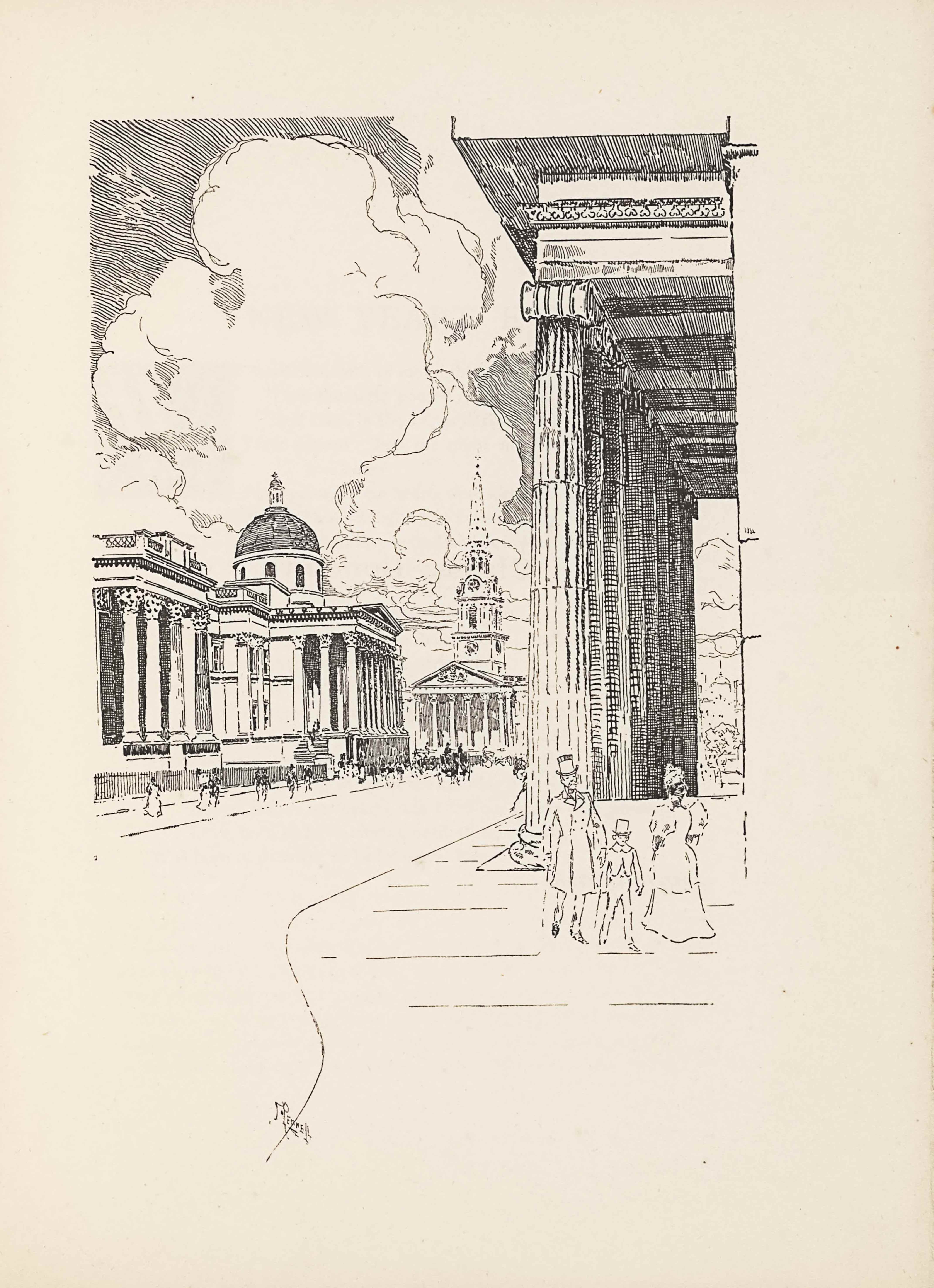 The line block image is in portrait orientation. The viewer stands at street level, looking from the sidewalk into the city of London toward the Dome of St Paul’s Cathedral. The foreground is cut into two sections: the road is pictured on the left third, and the sidewalk on the right two-thirds. The sidewalk has horizontal lines every few feet. A third of the way up the page, on the right-hand side, a man, child , and woman walk toward the viewer. The man, situated on the left of this group, is wearing a top hat and a long double-breasted overcoat that falls to just below his knees. He is mid-step and has his chest puffed forward with his hands out slightly from his body. The boy beside him on the right is half his height, also wearing a top hat, and cut-away coat and pants. The woman to the right is wearing a floor-length dress with puffy sleeves that end at her elbow. She is wearing a hat. Behind these three figures on the right side of the page is the profile of a large building with eight tall pillars holding up a roof that juts out over the sidewalk. The roof is partially visible at the top edge of the page, and the building itself is outside the frame on the right side of the page. Looking straight through the space between the pillars at the building front, the buildings at the end of the street are visible. The road is empty and free of any vehicles. In the far distance, a coach and horses appear on the road, headed off into the distance. In the mid-ground on the left side of the page is another pillared building, but this one looks much smaller because of perspective. The pillars hold up a roof that extends further out to the road in some spots, and at the base of the pillars is an elevation that is raised above the ground at least double the height of a person. The building has a sidewalk in front of it and on the sidewalk groups of people gather, walking towards the distance. In the distance on the left side of the page a dome protrudes above the roof of the pillared building. In the central background is a church steeple with six pillars holding up an A-line roof at the front. The steeple has an extremely tall and pointed column rising up from the middle, above two stacked square rooms that are smaller than the main building. On the front of the bottom stacked room is a clock face that appears just above the A-line roof. Above the clock face, in the second stacked room is a large front-facing window. Just above the window is a circular windowed room. On top of the stacked rooms is the pointed extension of a column, topped by a weathervane or cross. The sky behind the city scape has huge clouds blooming up and out. In the very foreground, on the line separating sidewalk from road, is the artist’s signature: “PENNELL” [caps] with two lines underlining the partial text “ENNE” [caps] in the name.