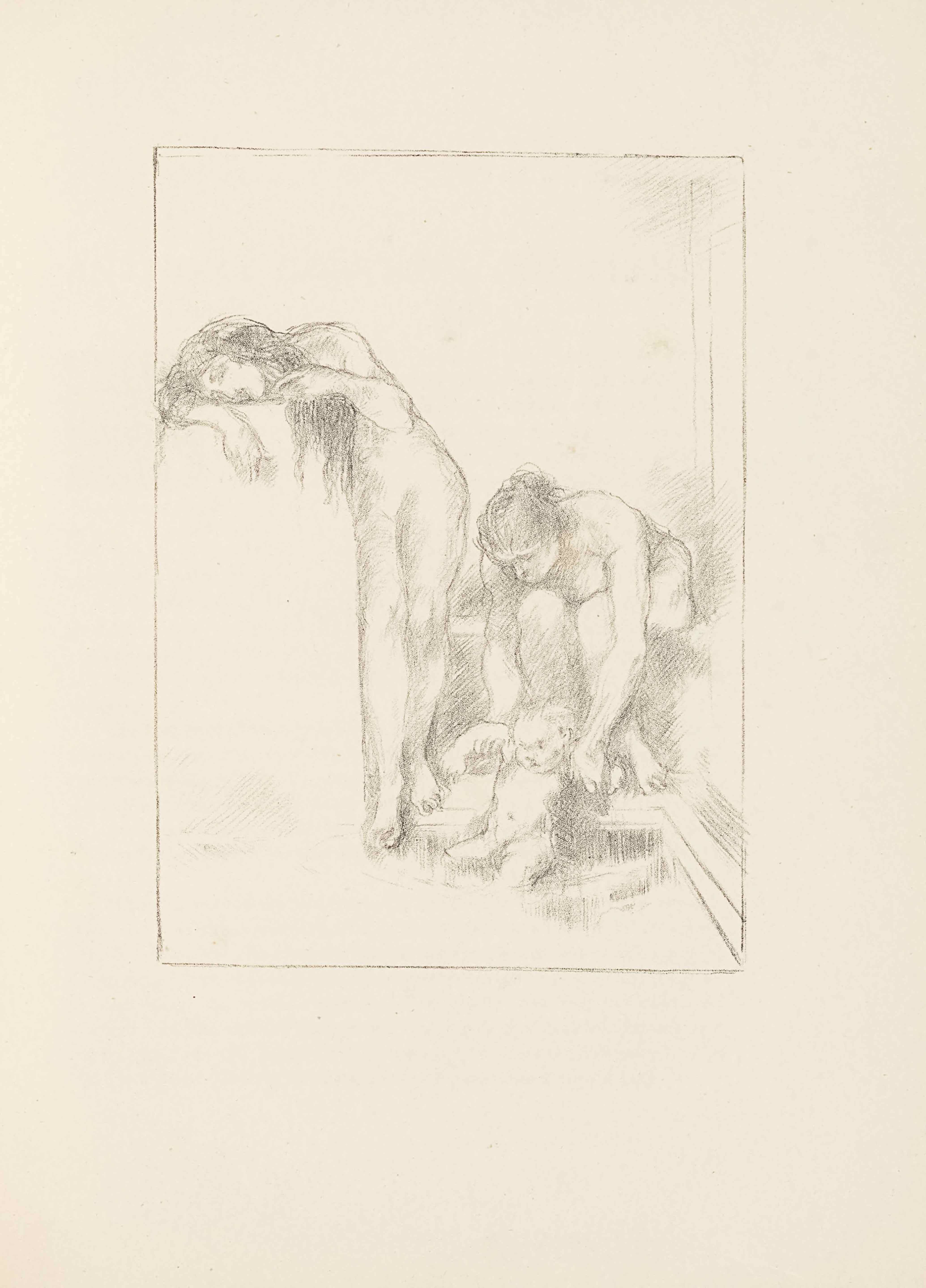 This lithograph appears in portrait orientation, within a light frame. The image shows three naked figures bathing: two women and a baby. The woman on the left is standing beside a large pillar or block and resting her head on its top. Her body faces forward to the viewer, and her right arm is bent and resting on top of the block, with her head rested horizontally on top. Her left arm is also bent, holding strands of her long hair back. She has long and wavy dark hair. Her face is inexpressive, showing only open eyes and a closed mouth. To her right is a woman sitting on a plain box or step that is shaded slightly darker than the surrounding area. She has long hair pulled back into a knot and is leaning forward with arms extended down and out to hold up the baby in the pool below. The baby sits on the edge of the pool with its body facing forwards to the viewer slightly turned to the left, with legs spread and arms extended out to the side. The arms are held out by the seated woman above. The baby has light short hair.