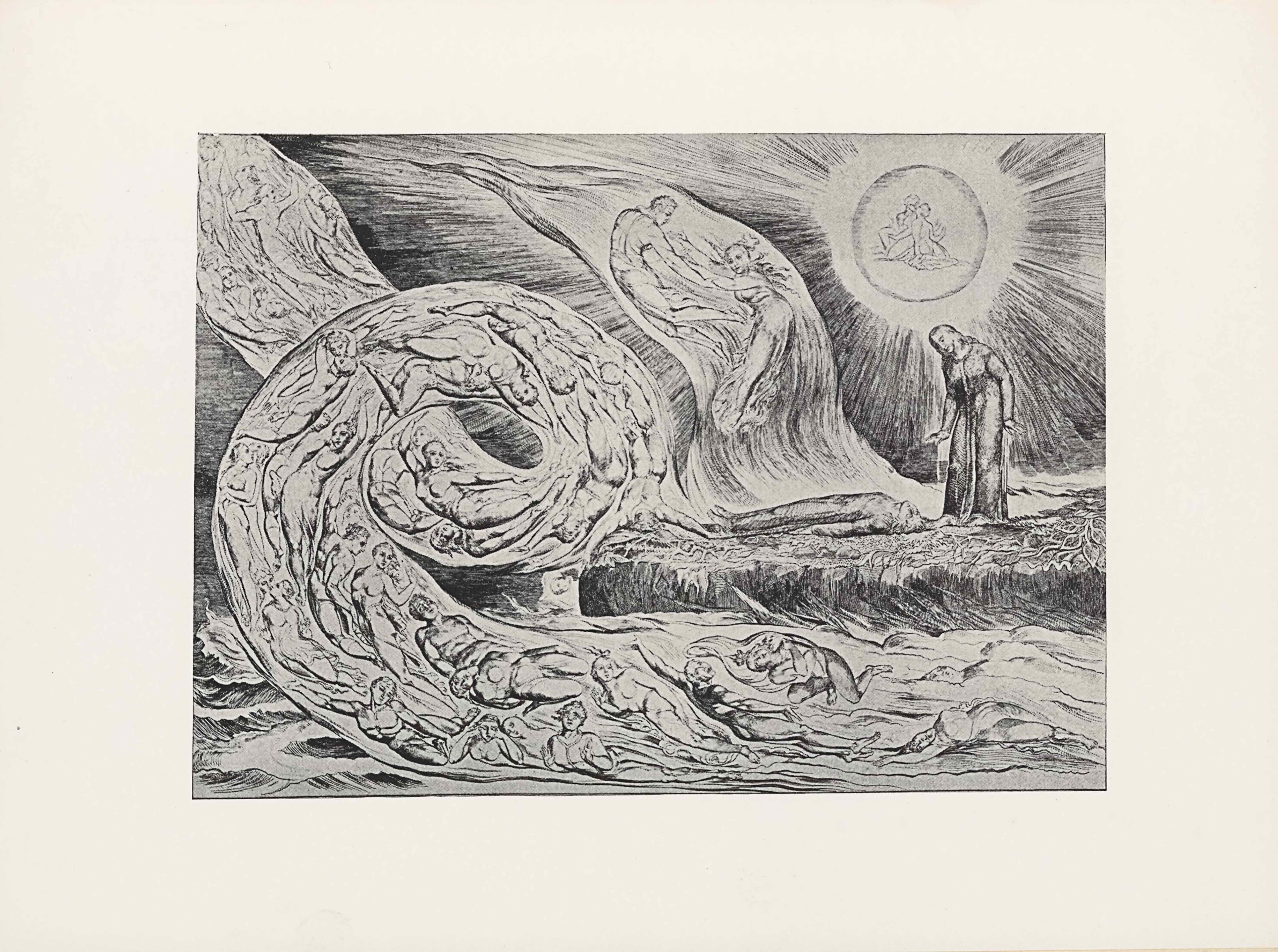 This halftone reproduction of a steel-plate engraving by William Blake is in landscape orientation. The image shows a scene from Dante’s Inferno, in which the poet, Dante, sees the shades of the adulterous lovers, Paolo and Francesca, in the first circle of hell, where the damned writhe in endless torment. These three figures form the centre of the composition. Dante is positioned In the mid-ground to the right of centre on a piece of rocky land jutting out into a sea. He is wearing a long robe and has long hair; his hands are out to the side, palms down. He stands facing the viewer with his body slightly turned to the left of the page, and bent down at the waist. He is looking down at a body that lies horizontally at his feet. The body is lying prone with its arms at its sides and face to the sky. The land on which he stands is covered by some water from the crashing waves. Dante turns to the shades of Paolo and Francesca, in an enclosed flame beside and above him. Paolo, is on the left and Francesca on the right; they are holding each other in their arms. Francesca, the woman, is wearing a flowing dress and Paolo, the man, appears to be naked. To the right of the flame that encloses them, and above the figure of Dante, in the top right corner, is a bright sun-like circle with two figures inside of it. Within the circle is one faceless figure seated on the left and another seated to the right; they appear to be on a rock. Dark lines extend out to the left and right, and then extend down to the sealine and up to the top of the page, forming the sky. The foreground of the image is comprised of swirls of flame containing naked bodies of the damned above the sea [of brimstone].