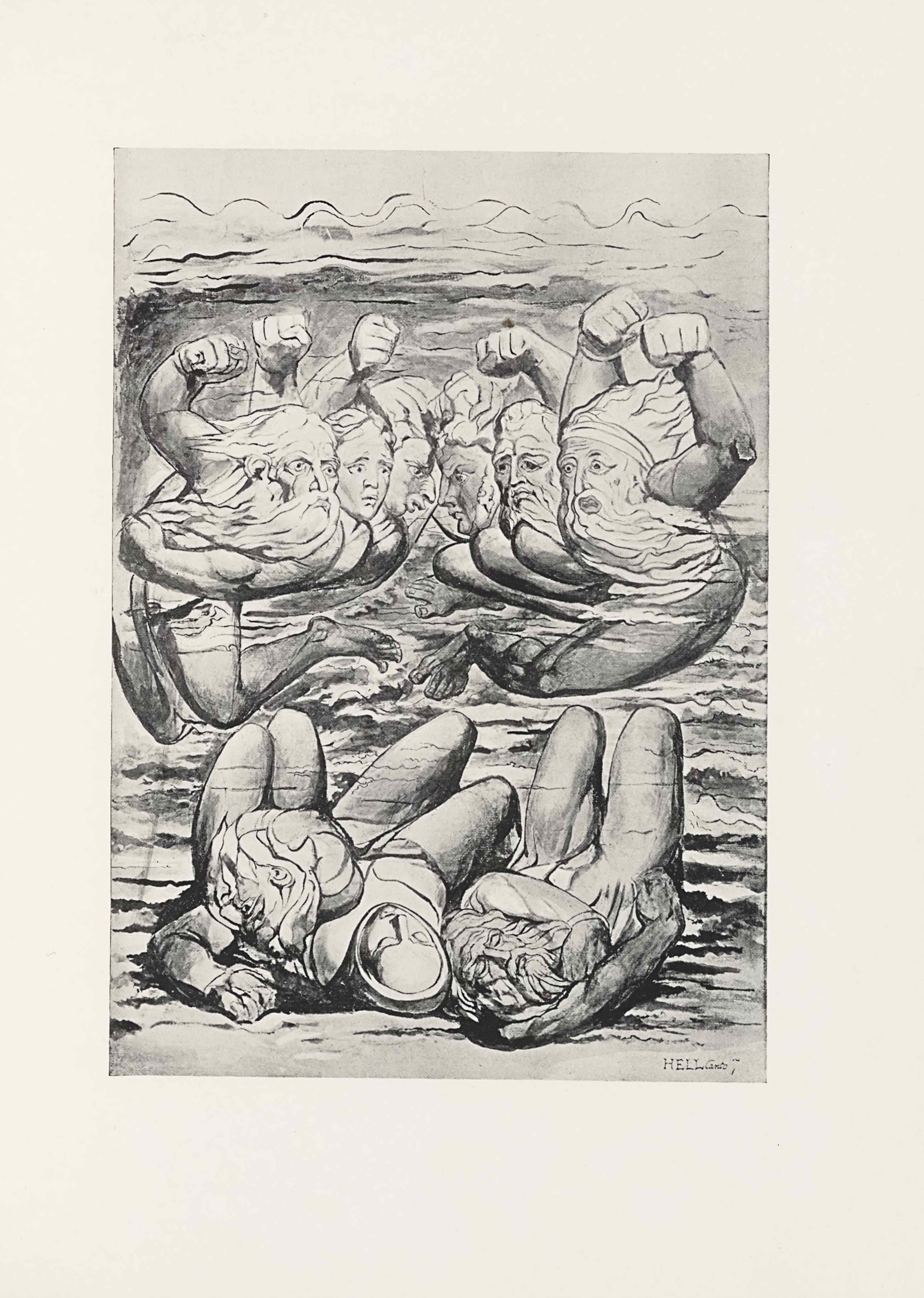 This half-tone reproduction of a water-colour drawing by William Blake for Dante’s Inferno is in portrait orientation. The image shows six figures in a line in the top two-thirds of the picture plane and three figures lying on their backs below in the bottom third. The three figures at the bottom are lying very close together, with their knees bent and the backs of their heads facing the viewer. The figure on the left has their left arm bent up with their hand resting above their head. The face is not visible, with only hair showing at the top of the head. The central figure is lying with their arms covered underneath the bodies of the two figures on either side. They have a head scarf wrapping tightly around the sides of their face. The figure’s eyes are closed. The figure on the right is a man with his head twisted far to the right and his bearded face visible by the viewer. The man’s eyes are closed. His left arm is wrapped across his body, with his hand tucked into his armpit. He has long hair that flows in waves around his head. The series of six figures at the top of the composition are floating above the three figures on the bottom. The six floating figures are a mirror image of each other in poses, with each figure’s outer arm raised up with a clenched fist. The figure on the far left is a man who has his body facing the left side, but his upper body twisted to face to the right. He has bare feet and bare legs that are translucent, giving way to the background coming through. He has his right arm raised in a fist, and his left arm is reaching across his body. He has a long wavy beard and long hair on his head. Slightly to his right and backgrounded is the second figure. This figure is limitedly visible, showing only a raised right fist and a face with a crease between the eyebrows, and a mouth opened in an “O” shape. To the right of this figure and slightly backgrounded is the third figure. This figure has the right fist raised as well, and only the face visible. This figure is visible only in profile. The figure has large lips that are extended far out from the face. The figure also has a long and protruding nose. To the right of this figure, and equally backgrounded, is a figure also visible only in profile, but turned to face to the left and staring directly at the opposition. This figure has the left fist raised and clenched. The figure has downturned lips and a crease between the eyebrows. To the right and slightly foregrounded is another figure with the left fist raised. This figure has a wavy beard and matching hair, both long. The figure has slightly downturned lips and large pupils. The figure is looking off into the distant left of the page, with a crease between the eyebrows. To the right and foregrounded is the sixth figure. This figure has his whole body visible. The figure has his left fist raised and his legs are sticking out towards the centre of the composition. He has a long wavy beard and hair, which covers up his whole upper body. He has wide eyes and raised eyebrows. His mouth is in an “O” shape. In the background of all of the figures on the page is a series of horizontal wavy lines, in wave-like shapes in the bottom half. In the upper half the lines become less wavy and look like air waves in the sky. Between the lines is dark shading until the top fifth of the page where the background becomes much lighter. In the bottom right corner there is the text: “HELL Canto 7”.