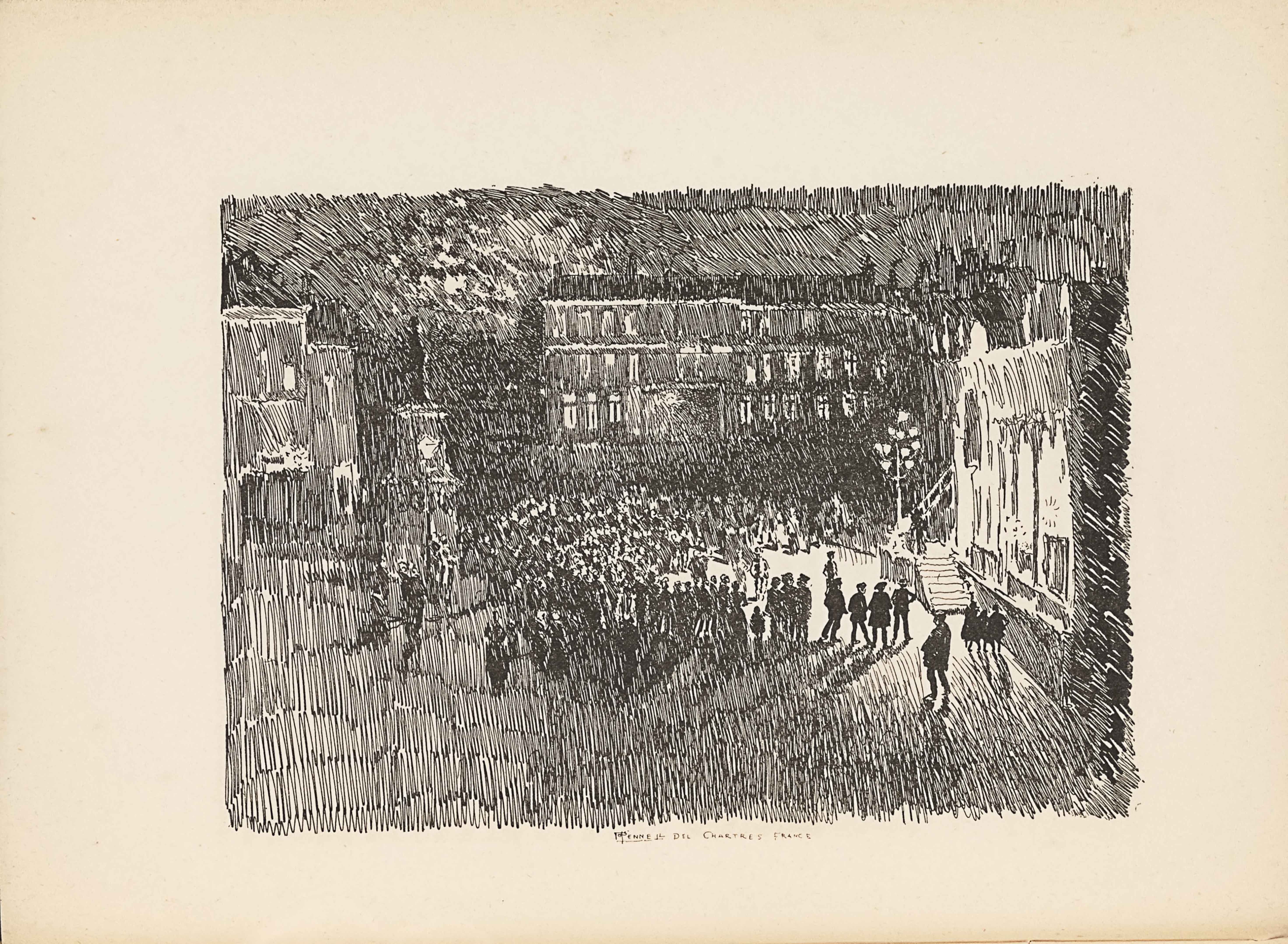 The line-block reproduction of a pen-and-ink drawing by Joseph Pennell is in landscape orientation. The image shows a city square with a gathering of people facing a person standing up on a staircase. There is a darkness to the image because of the drawing style, which is comprised of a series of vertical and diagonal lines drawn in a hatching formation. On the left side of the image is a series of vaguely outlined buildings, which reach up to three-quarters the height of the page. Slightly to the right of the buildings is a clock tower with a tall pointed roof. To the right of the clock tower is a group of people standing, visible by their light and circular heads between dark vertical lines. The group is formed in a semi-circle and turned to face towards the right side of the image. In the background of the group is a row of buildings in a horizontal line across the top third of the page. The buildings have three floors with a window appearing at each floor height and consistently all the way across horizontally. The buildings are all conjoined and have a shared black roof. The semi-circle formation of people on the ground are lit by a tall street lamp with about six lights. The light is beside the steps that lead to the front of a building that takes up the height of the right side of the page. A person standing on the steps appears as a dark figure underneath the lamp. There is a small group of people standing in front of the steps on the foreground side away from the rest of the large group. The building on the right side of the page is the only light coloured building in the area. The dark foreground is, made entirely of hatched and vertical lines. The background behind the buildings is made of a series of hatched vertical lines as well, but these are closer together and darker. There is no borderline around the outside edge of the image. The image edges are instead made of vertical lines ending roughly in a straight line. Centered underneath the image is the text: “JPENNELL DEL CHARTRES FRANCE” [caps].