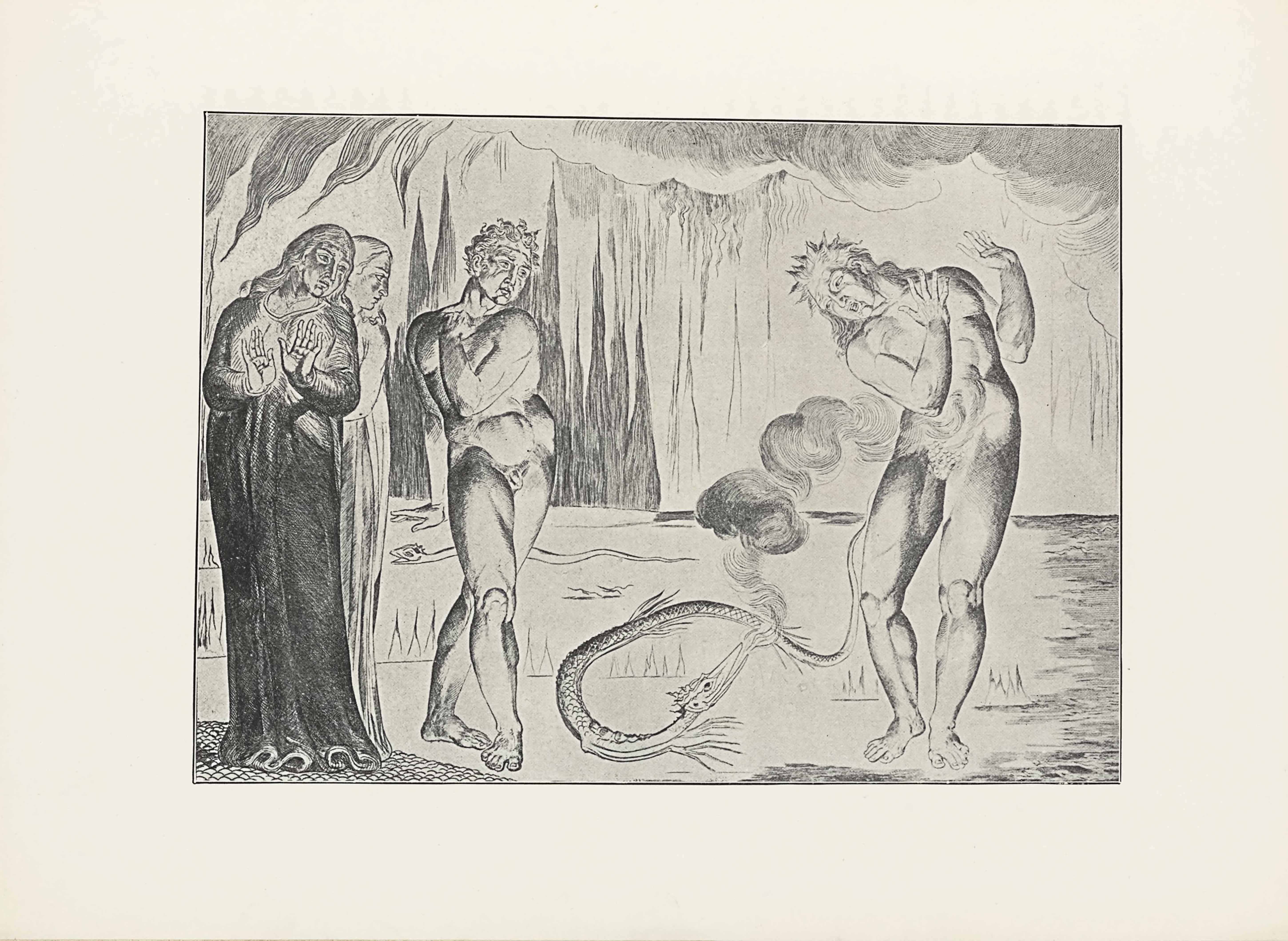This halftone reproduction of Blake’s engraving for Dante’s Inferno is in landscape orientation. The image shows four figures in hell; three on the left watch a fourth on the right being attacked by a serpent. On the far left are two robed figures, likely Dante and Virgil. The first figure on the left is standing in the foreground and rises to three-quarters up the page in height. The figure, likely Dante, is wearing a long and dark robe. His body is facing the viewer with his head turned towards the right, giving a three-quarters profile. His hands are raised up at a ninety degree angle with his palms facing the viewer. His eyes look towards the snake attacking the naked figure to his right. There is a second robed man standing behind and to the right of the first. He is visible in profile, with his face looking to the right toward the serpent attacking the naked man (Buoso Donati). To the right of the two robed figures are two naked men. The first stands close to the robed pair, with his body facing the viewer, but his head is turned to look down at the snake on the ground. His right leg is crossed in front of his left leg and his toes are pointed in to face each other. He has short curly hair. His left arm is pulled across his body, with his left hand resting on his right shoulder. His right arm is pulled behind his back. To the right of him on the ground is the serpent. It is scaled and its body is twisted in a loop, with the head and tail on the right. The serpent has its head lifted to look up at a naked figure standing to its right. The snake’s head is long and the mouth is open with smoke rising out of it in puffs up and to the right. The naked figure to the right of the snake is standing with the body facing the viewer. The male figure is in a defensive posture, with the right leg lifted slightly, pulled away from the serpent. The figure’s arms are lifted in front in a ninety degree angle. The figure’s upper body is leaned down towards the serpent, with the face turned to look down at it, his mouth is opened in an “o” shape. The figure has spiked hair on the top of the head with longer pieces falling down the back. The ground on which all of the figures and snake rest is flat and plain, with a small design of rocky ground under the feet of the robed men. In the mid-ground is more flat land with intermittent pieces of jagged rock. There is also another snake or serpent in the mid-ground to the left of the one in the foreground. This snake is facing to the left and stretched out in a long horizontal line. At the halfway point up the height of the page is the start of the skyline. The background is made of clouds along the top edge of the page, with jagged lines rising up in the left background. Waved vertical lines are appear intermittently in the distant background.