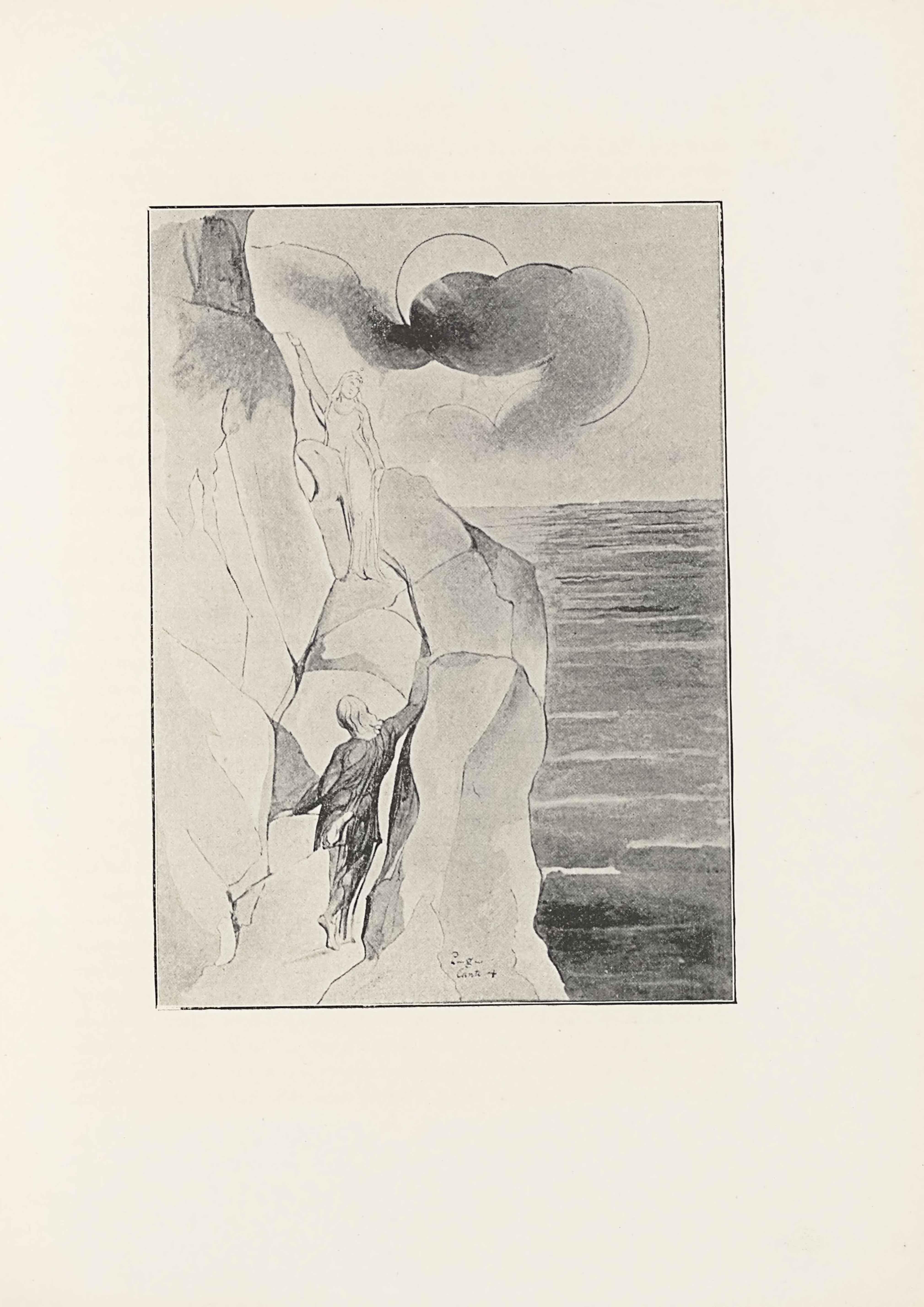 This halftone reproduction of Blake’s water-colour drawing for Dante’s Purgatory is in portrait orientation. The image shows a rocky mountain on the left with sea and a sky on the right. The mountain is being climbed two male figures, Dante and Virgil. One figure higher up beckons towards another figure who is ascending. The mountain is comprised of many large rocks. The climbing figure has his back to the viewer and is wearing dark pants and a loose, dark long-sleeve shirt. The figure’s right arm is extended up and to the right, reaching to the top of a chunk of rock. His right foot is drawn back, and his left hand is resting down on a rock to the left. This figure has light hair that falls to just below the shoulders. At three-quarters of the height of the page is the other figure. This figure is facing the viewer, and standing on one rock with just their left foot. The figure’s right leg is bent up and the right foot is resting on a higher rock. The figure’s left arm is down by his side. The figure’s right arm is lifted straight up and to the right of his head. The figure is wearing a transparent robe that flows around the body. HIs head is tilted down slightly to look at the water below to the right on the page. There is more rock rising above and to the left behind him. In the background is the sky, with one large circle representing the sun or moon in the centre of the sky and a trail of dark mist is in front and across it. To the right of the mountain and from the mid-height of the page down is wavy and dark water of the sea. The top half of the page behind the sun is open sky. In the centre of the foreground on top of the bottom of the rocky mountain is text that reads:: “Purgatory // Canto 4”.