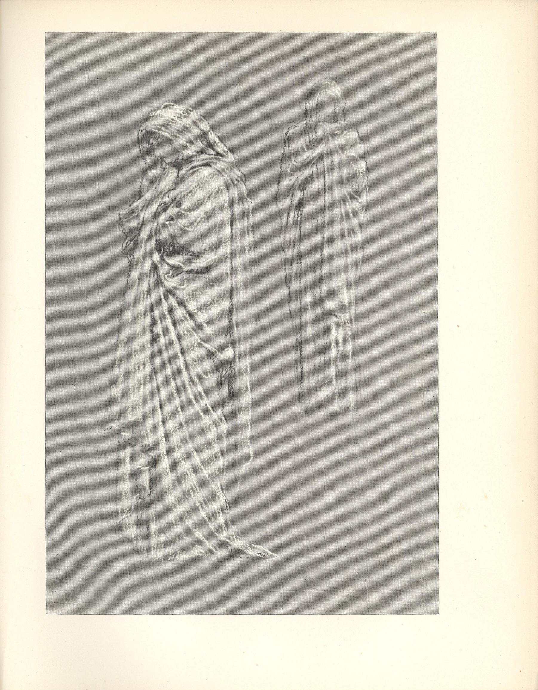 Image is a study of two adults of indeterminate gender shown full length in draperies The figure on the left is in the foreground shown in profile looking to the left this figure takes up half of the picture frame This figure s face is downcast resting on its hands a finger on the right hand is extended to touch its face The second adult is in the background to the right This draped figure is shown frontally Both figures have their hands clasped in a contemplative or praying manner The background is open The image is vertically displayed