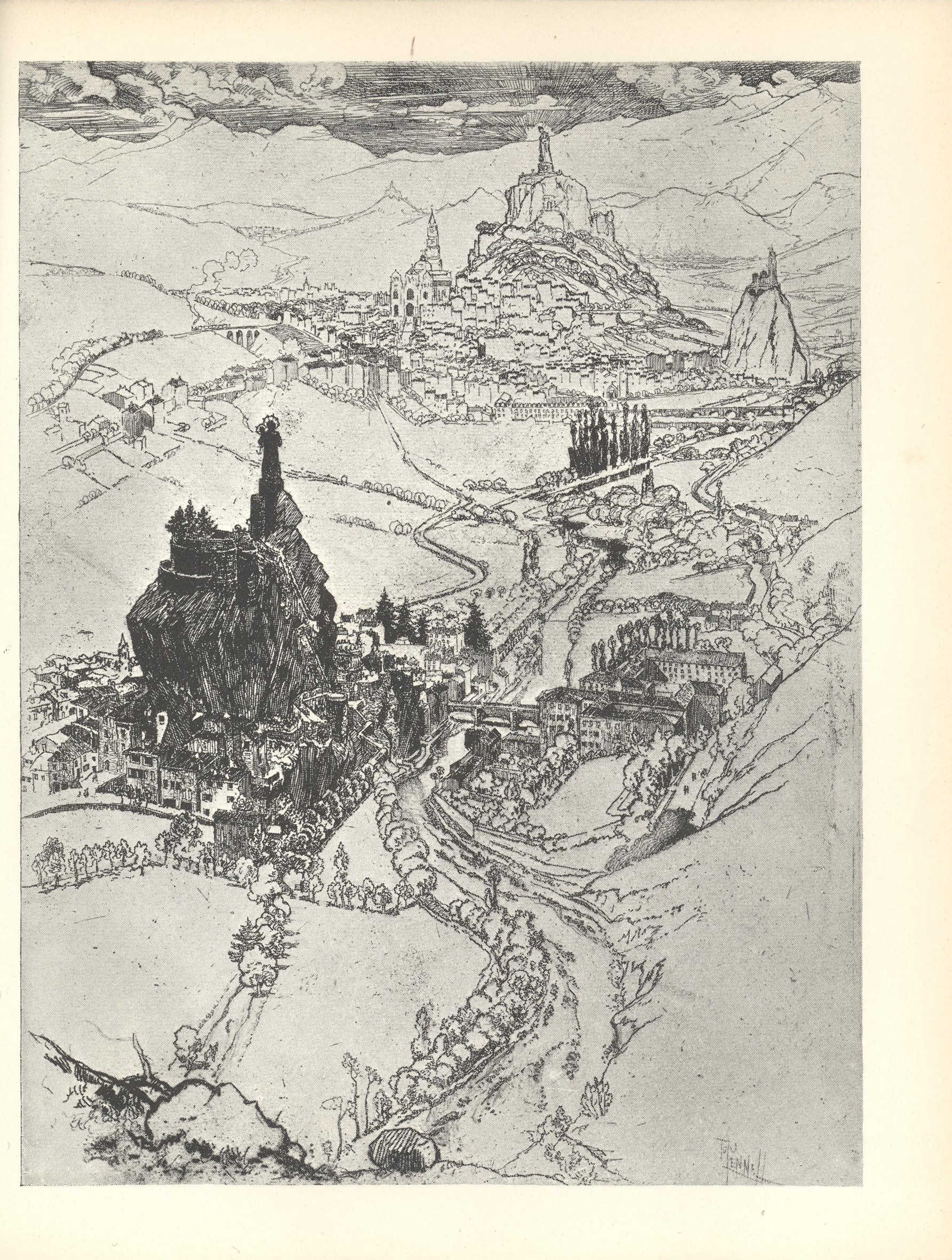 Image features a downward view of a river valley The river starts at the bottom centre of the image and winds upward dividing the image in half On the middle left side there is a medieval town that is dark with shadows To the upper right is another town which is lighter in colour The two towns are connected by a road running parallel to the river in the middle of the page Both towns have a large central hill which is topped by a religious statue A landscape of mountains trees and other buildings surround the towns filling the remaining 2 3rds of the frame Artist s signature is in the bottom right The image is vertically displayed