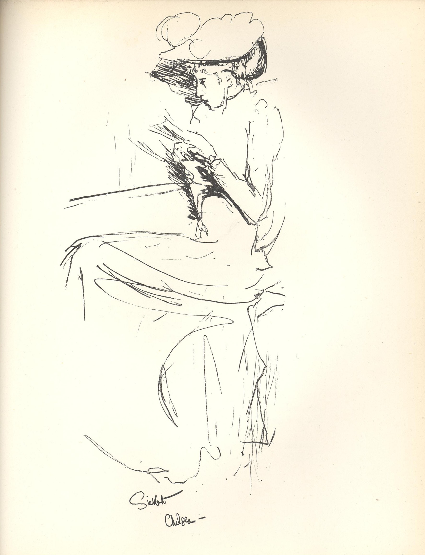Image is of a young woman sitting in profile on a chair or the bench of a railway carriage reading She is wearing a large hat and a white dress Her body extends from the bottom of the image to the top filling up 3 4s of the page The background is open and light coloured The artist s signature as well as the word Chelsea are inscribed in middle bottom of image positioned under the edge of the woman s skirt The image is vertically displayed