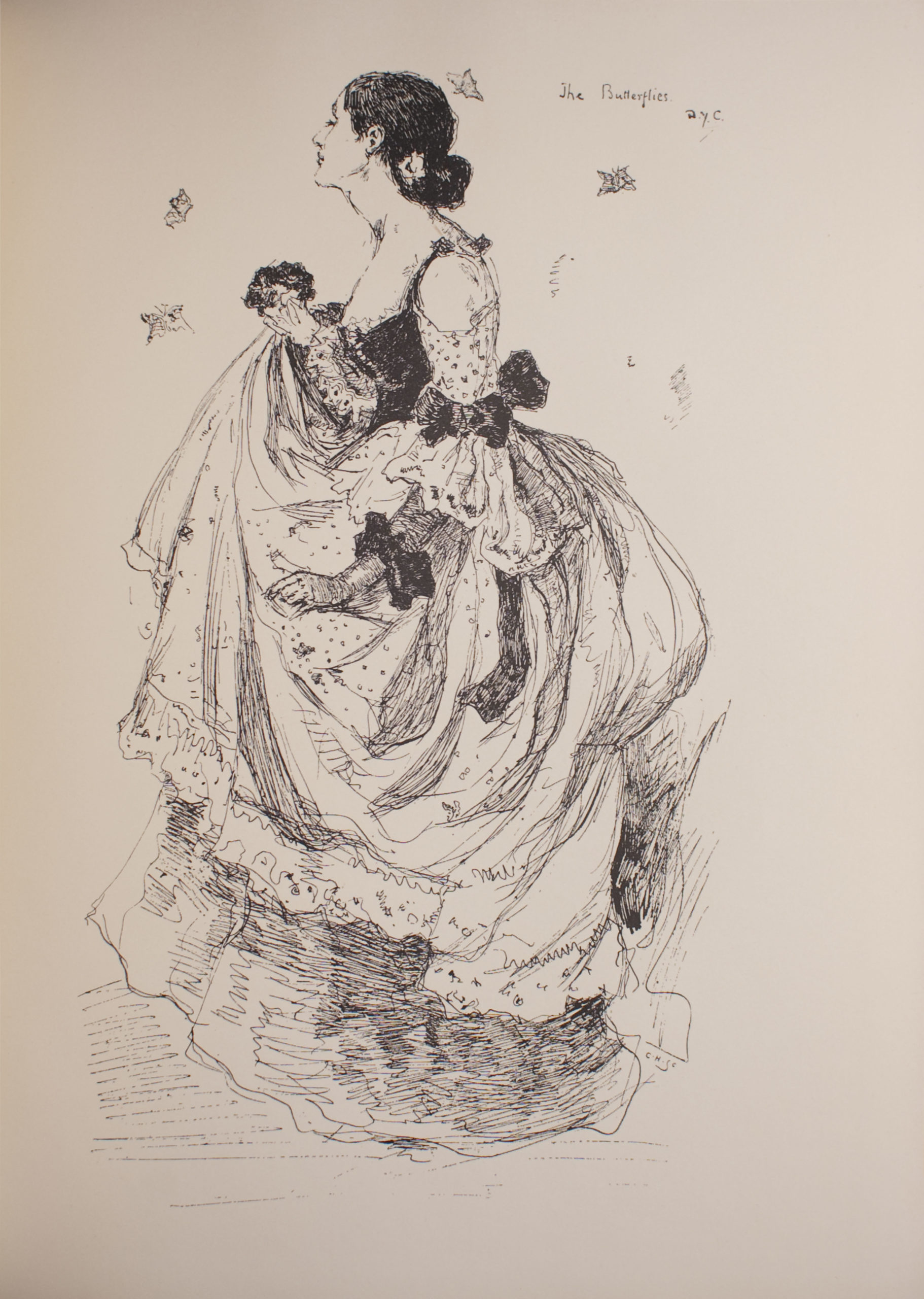 Image is of a woman in full profile She is facing the left with her eyes closed Her dark hair is secured in a bun at the nape of her neck by a piece of jewellery or flower Her dress is full with patterned ¾ off the shoulder sleeves There are dark bows at the woman’s elbow and wrist and at the back of her skirt The neckline of the dress is low and ruffled The woman is holding her skirt and a bouquet in her right hand There are four butterflies flying around the woman The image title and artist signature are in the upper right hand corner the engraver’s name is in the lower right hand corner beneath the woman’s hemline The image is open and undefined The image is vertically displayed