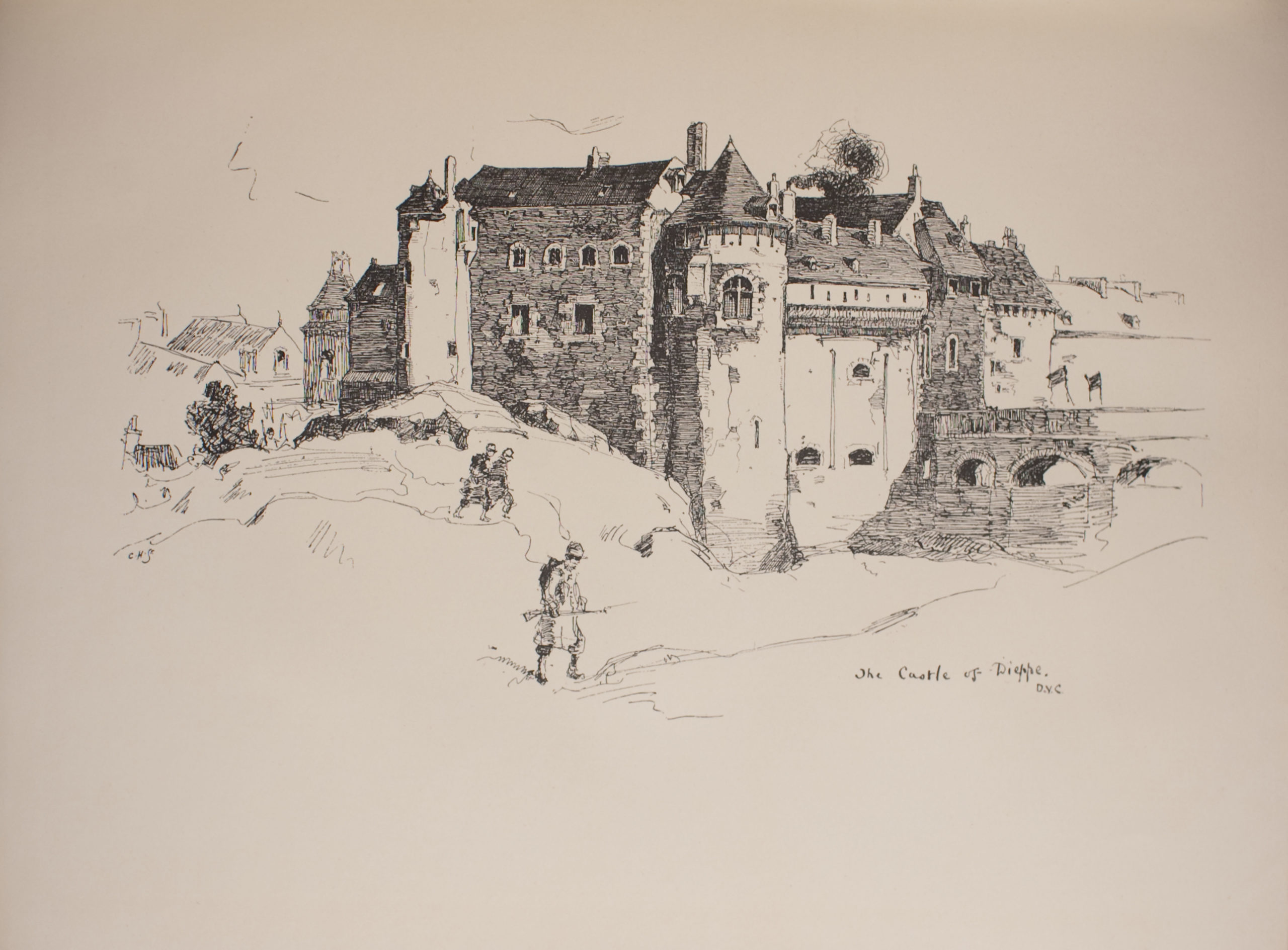 Image is of a castle with a moat on a hilly landscape A round tower is in the centre of the image dividing it in half horizontally It has two arched windows There is a smoking chimney to the right of the tower To the left there is another round tower it is at the back of the building In the left background are the outlines of several smaller buildings Most of the castle has arched windows though a few are rectangular There are some noticeable cracks and paint chipping on the castle walls To the right of the centre tower is a bridge with three arches In the foreground are three figures wearing military regalia The figure in the centre foreground also has a weapon The background is open and undefined The name and artist of the image The Castle of Dieppe DYC are in the bottom right corner The engraver’s initials C H Sc are in the middle left The image is horizontally displayed