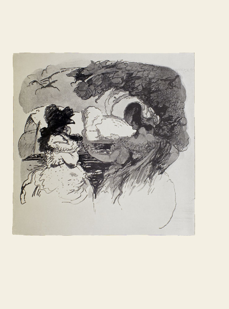 Image is of two women view from the back They are both wearing hats and gowns The dark-haired woman on the right is shown in profile looking to her left Her left arm is extended toward the other woman her right arm is holding on to her dress To the right there is a tree in the middle ground casting a shadow on the woman The sky is cloudy The women are sitting in front of water and in the background on the left there is a sail boat on the water The image is vertically displayed