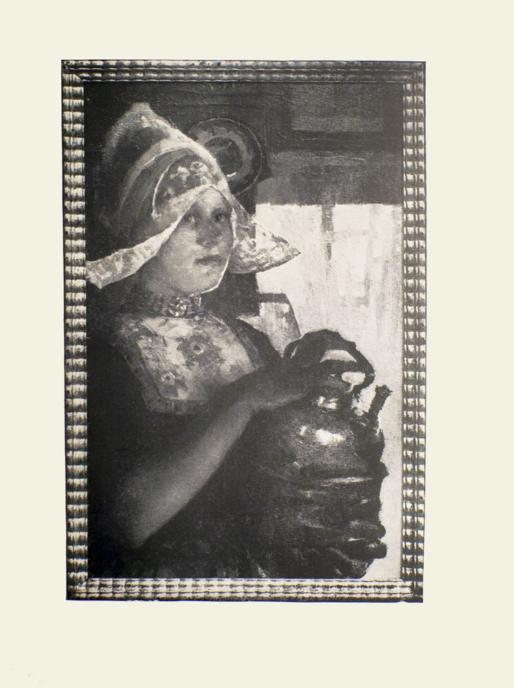 Image is of a woman shown from the waist up She is shown in ¾ face Her dress is high-necked and dark with a floral pattern across the chest She is wearing a light-coloured Dutch lace bonnet with two wings She is looking to the right of the image She is holding a large brass kettle in her hands Her left hand is supporting the base while her right hand is resting on the handle In the background there is a hanging plate To her left is a large window Image has a thick patterned frame Image is vertically displayed