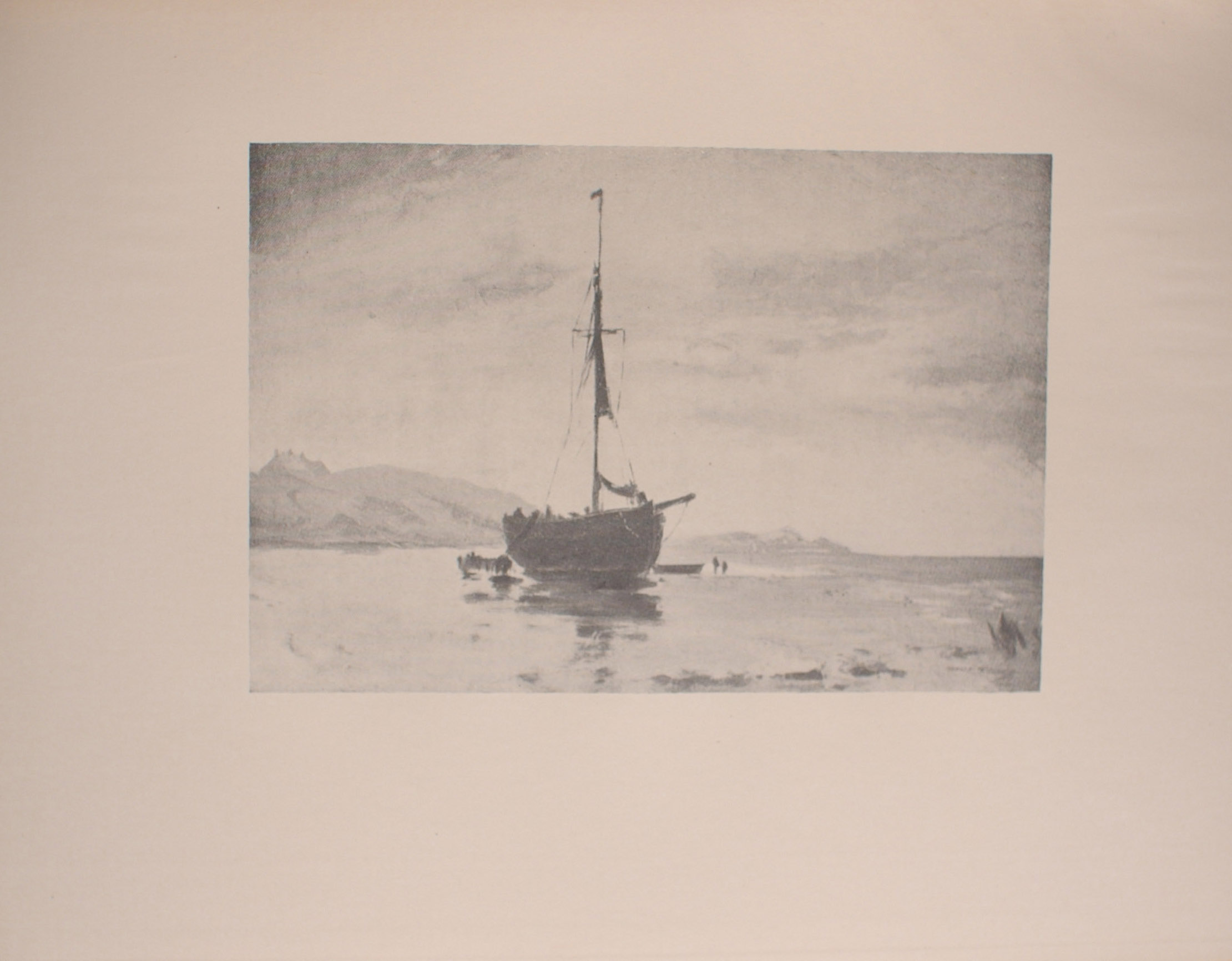 Image is of a boat with a sail floating near land on a calm reflective body of water In the background there are two distinct landmasses on either side of the boat The ship is shown in ¾ view with its bowsprit pointing right A flag is at the top of the middle pole The sky is cloudy The image is horizontally displayed