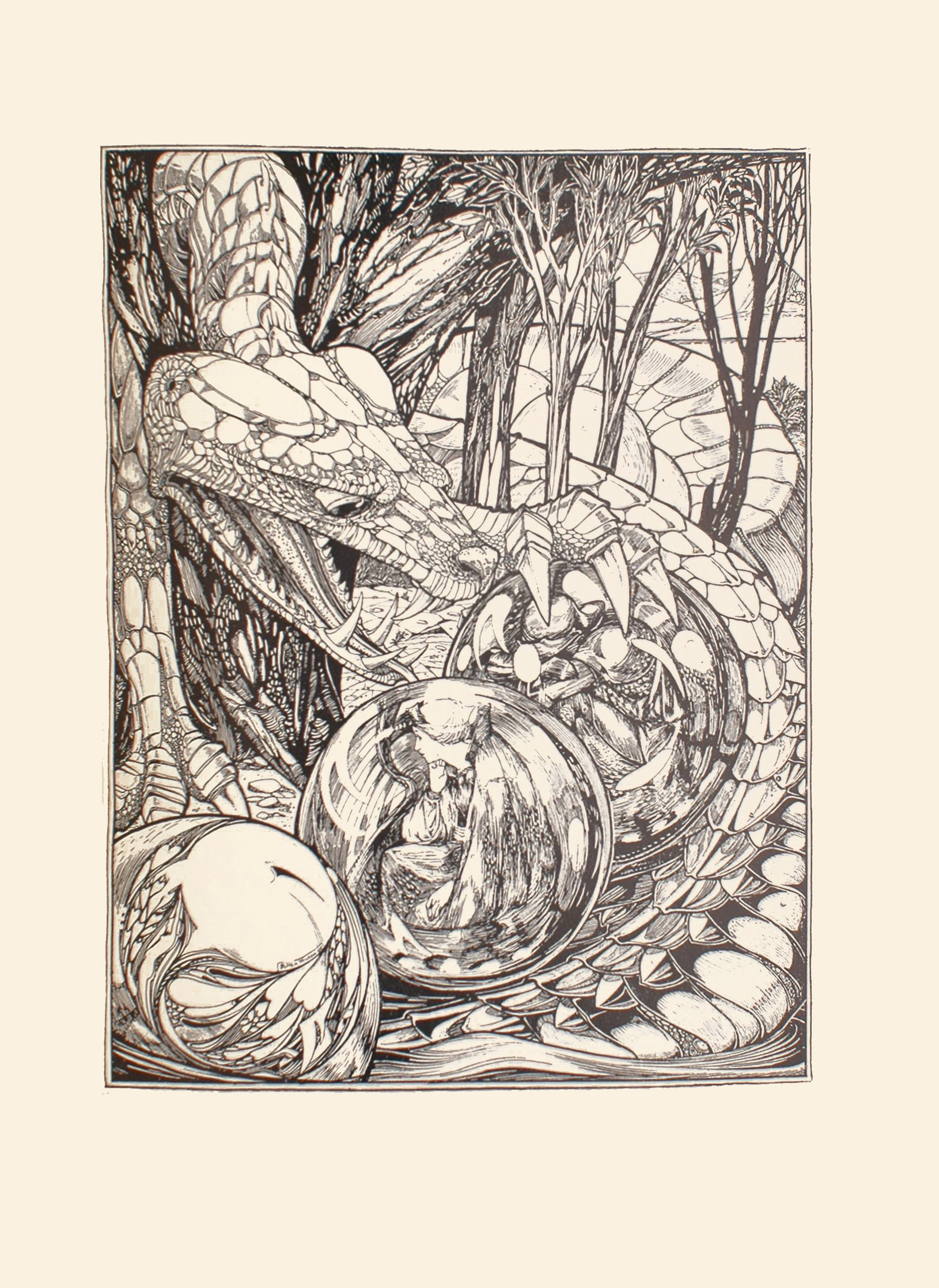 The image is of a large fantastical lizard like creature or dragon wrapping itself around six orbs and five trees The trees have leaves on their branches and in the background there are rolling hills sparse shrubbery and a large tent like object in the upper right corner of the image The body of the creature encircles three light coloured opaque spheres behind the trees in the mid-ground and three transparent orbs in the foreground Two of the transparent orbs have human figures in profile facing left The farthest one contains a male figure kneeling down with his head hidden from view and arms wrapped around his knees He is wearing a helmet and body armour The middle orb contains a woman kneeling down with her head resting against her right knuckles while her elbow rests on her right thigh Her left hand is resting against her left thigh Her light coloured hair is fashioned into an up do and she is wearing a long-sleeved dress and high-collared cloak The third transparent orb located in the extreme foreground at bottom left displays the reflection of the creature s right eye magnified in size the other two orbs reflect the creature s scales and fangs The creature s scaled head is tilted towards the orb holding the male figure eyes gazing downwards at the orb Its left claws are on top of the sphere and its mouth is wide open baring long sharp fangs and long speckled tongue at the object The image is vertically displayed