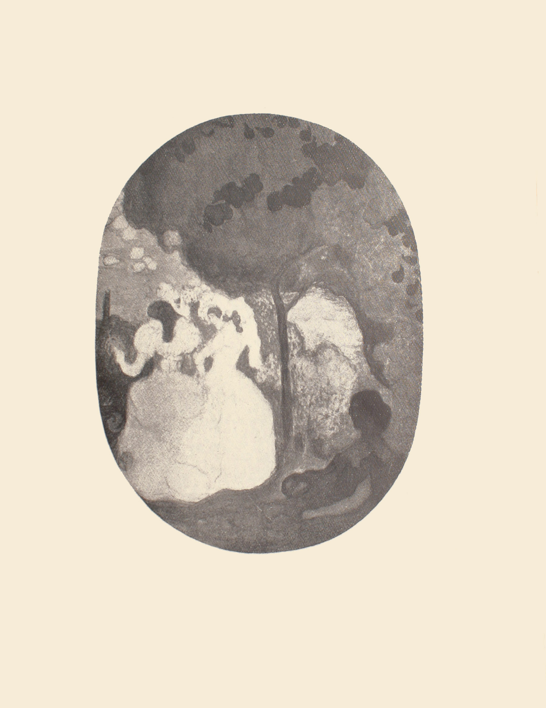Image is of two women walking One woman has lighter coloured hair one woman has dark hair Both are wearing light coloured dresses with long sleeves and light coloured hats There is a large tree behind them and a hill in front of them In the bottom right corner there is a darkened female figure She is shown in profile though her facial features are undistinguishable The sky is cloudy The image is oval shaped and displayed vertically