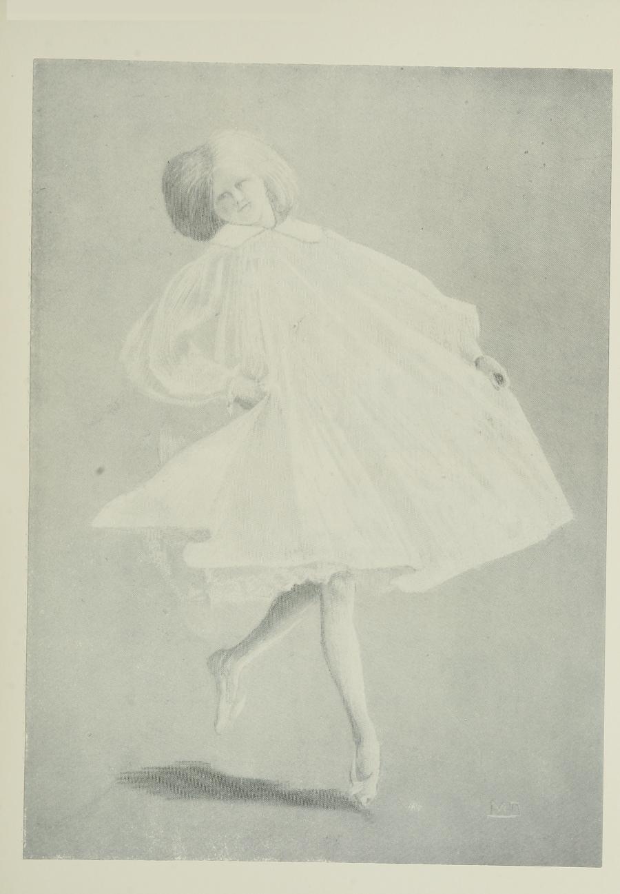 Image is of a woman or a young girl wearing a light coloured muslin dress The dress has a high neckline and full sleeves with a hemline right above the womans knees The woman has thick light coloured shoulder length hair She is wearing ballet slippers She is in motion with her left foot slightly above the ground and her right foot in a upright position pointing at the ground Her right hand is clutching the waist of her dress while her left hand is pulling the bottom of the dress away from her She is leaning back looking toward her right The image is vertically displayed