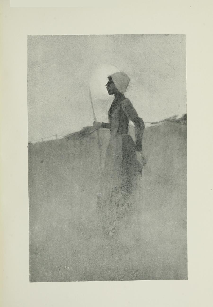 Image is of a woman farming She is shown in profile wearing a bonnet and apron Her dress is dark and long sleeved Her right hand is holding on to a pitch fork The suggestion of a fence is in the left background A low moon is shining behind her profile The sky is clear The image is vertically displayed
