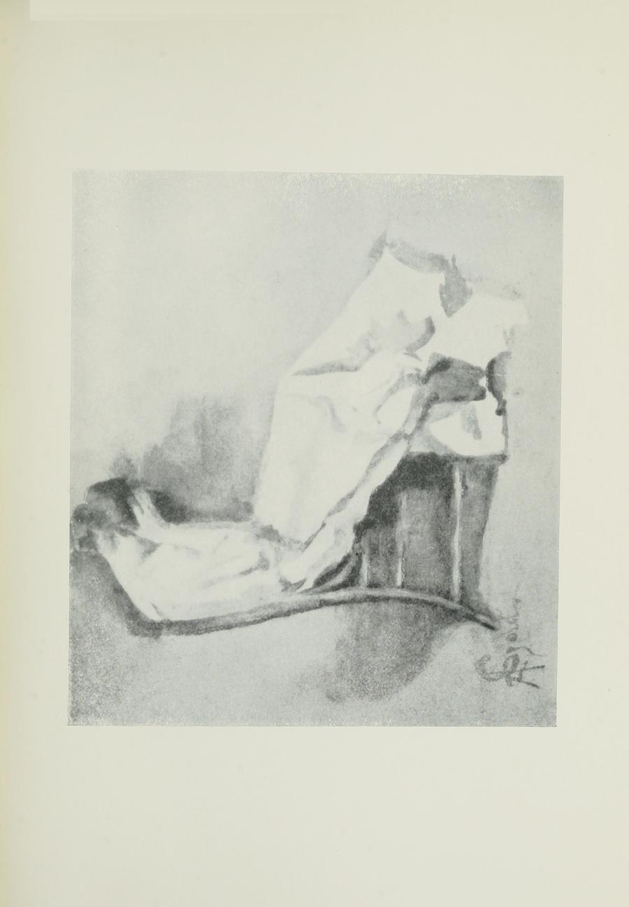 Image is of a woman sitting in a chair in an interior setting She is shown in profile She has dark hair done up The woman is wearing a light coloured dress Her head is in her hands and her shoulders are slumped She is casting a shadow on the wall The artists signature is in the bottom left hand corner The image is horizontally displayed