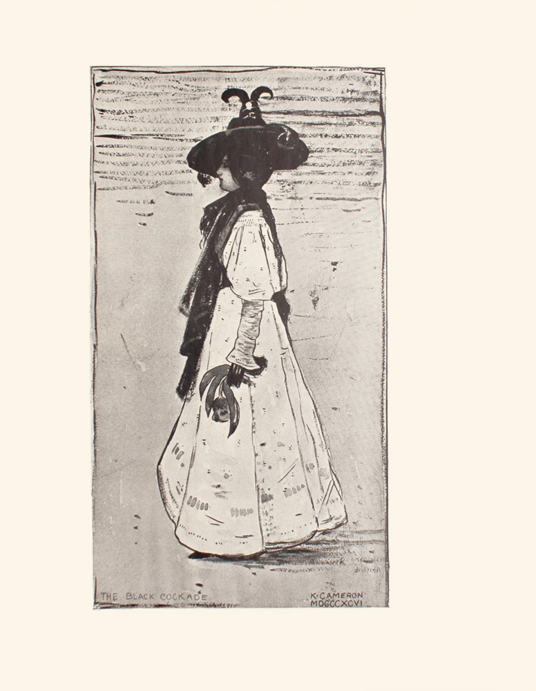 Image is of a woman shown in profile She is wearing a light coloured dress with puffed sleeves and dark gloves Her dress is floor length but the suggestion of a dark shoe can be seen underneath She has dark hair that is done up and worn under a dark hat with wide brim and jester tails A dark shawl is draped around her neck and down her chest She is holding an unidentified object in her left hand. The background is open and undefined The image is vertically displayed