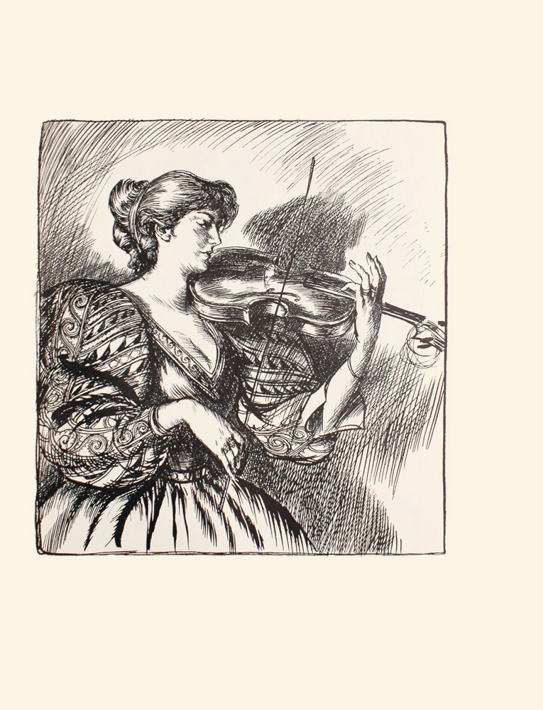 Image is of a woman playing the violin The woman is standing in profile She is holding the violin in her left hand while holding the bow in her right Her hair is in a low up do and she is wearing a patterned dress with long puffy sleeves and a full skirt Her shadow is displayed on the wall behind her The image is vertically displayed