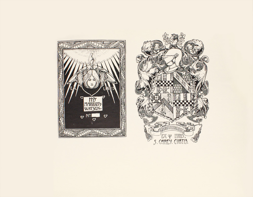 Image is of a bookplate illustrating a coat of arms The coat of arms is made up of different patterned sections such as black and white checkers lined stripes circular patterns skeleton keys crossed with swords all surrounded by an ornate border There is a soldier’s helmet and visor in profile towards the top of the coat of arms a number of flowers and vines bearing small fruit and large leaves The top most part of the coat of arms has a figure of a ram in profile framed by a branch of leaves Below the coat of arms, there is a banner that reads GRADATIM VINCIMUS and below this banner reads EX LIBRIS S CAREY CURTIS The image is horizontally displayed