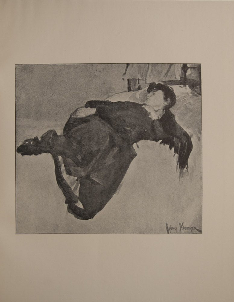 The image is of a girl in street clothes wearing a shawl a hat and boots lying on white bed sleeping There is a window in the top right background The image is signed in lower right corner The image is vertically displayed